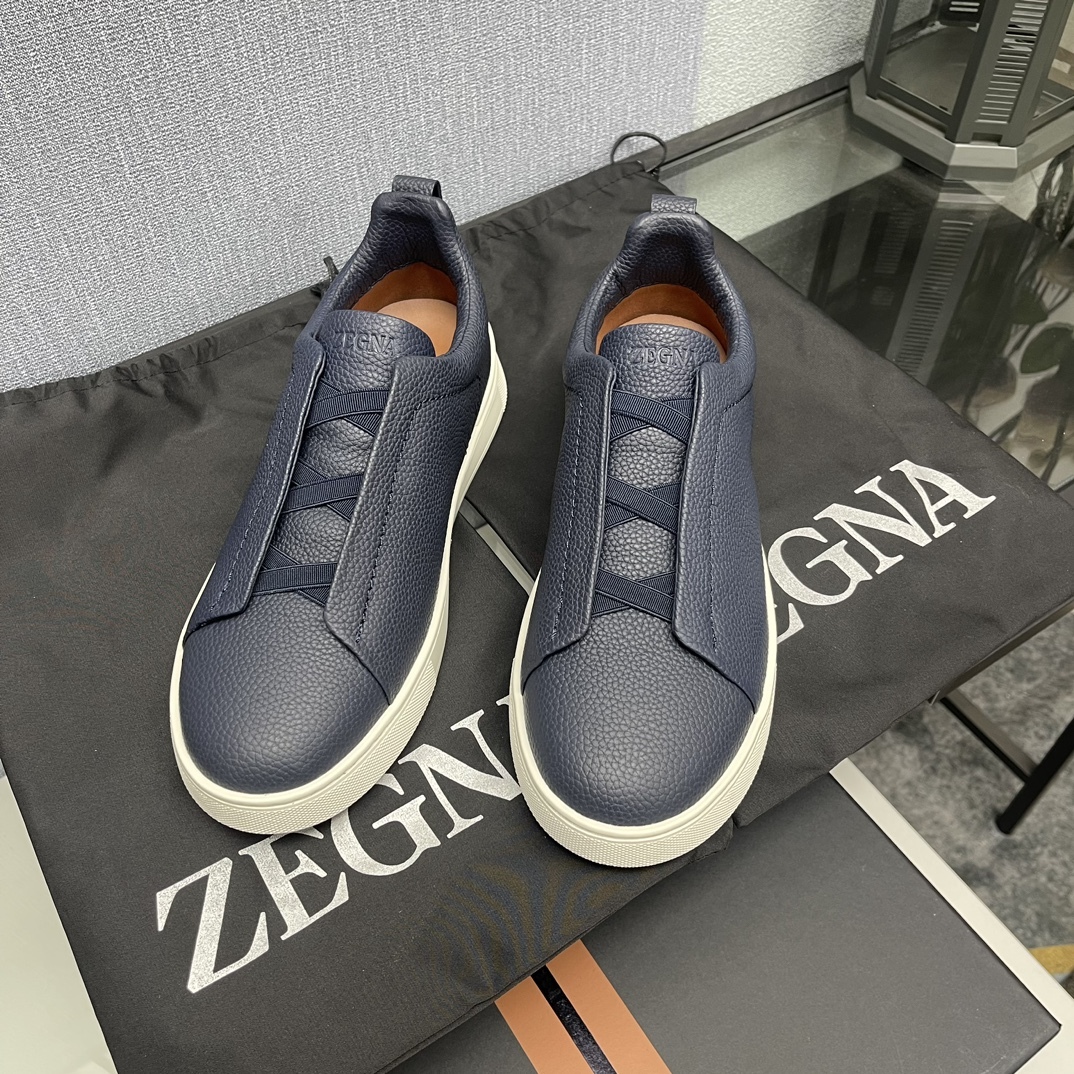 Men Dark Blue Leather Slip On Casual Sneakers Elastic Band Low Top Business Daily Walking Shoes