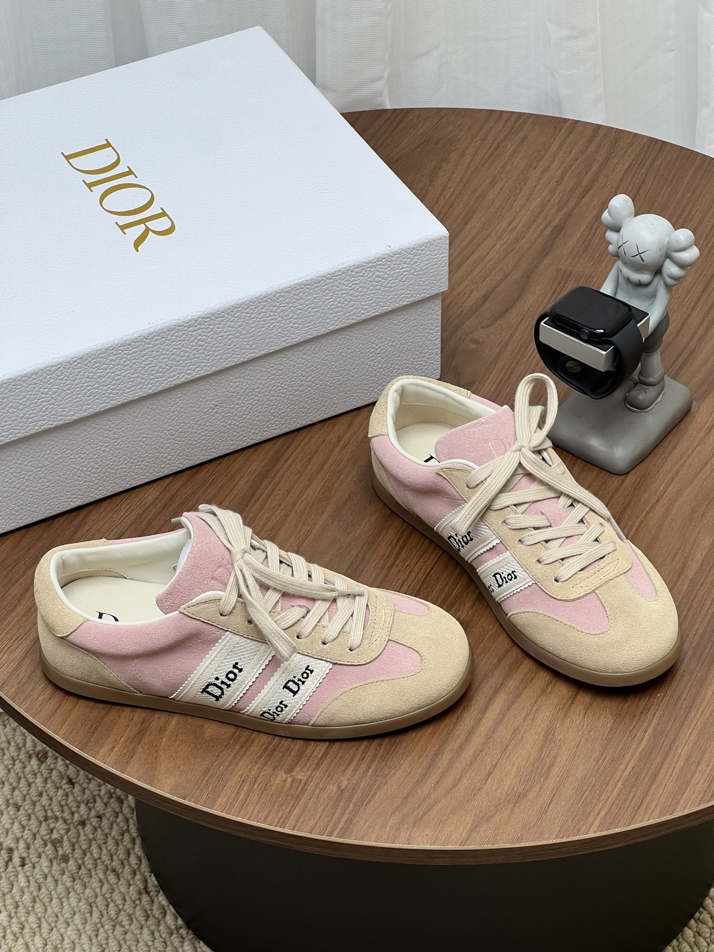 Women Pink Beige Color Block Retro Sneakers Lace Up Flat Casual Trainers