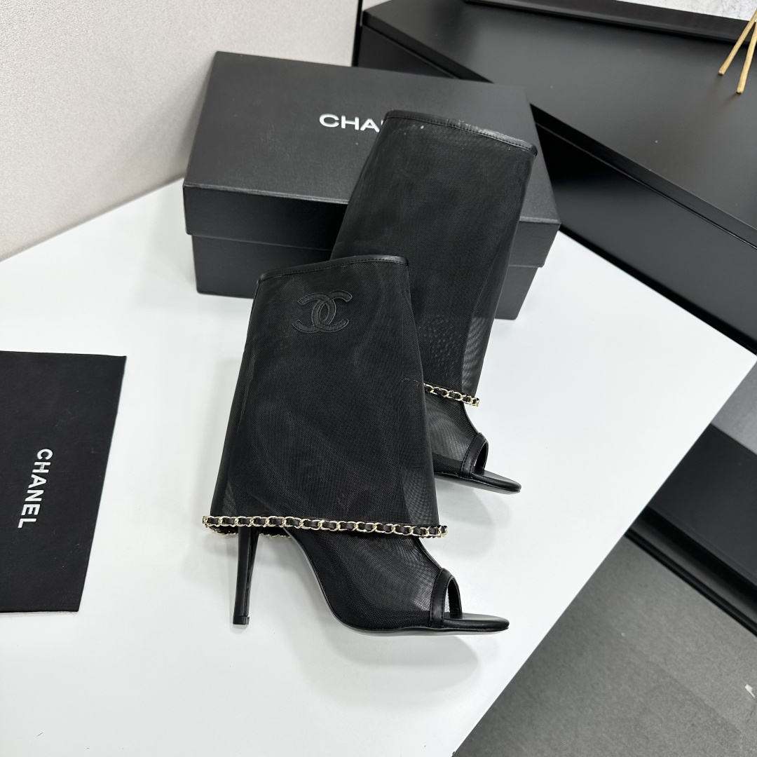 Women Black Mesh Open Toe Ankle Boots Thin Stiletto High Heels Chain Decor Summer Hollow Boot Sandals