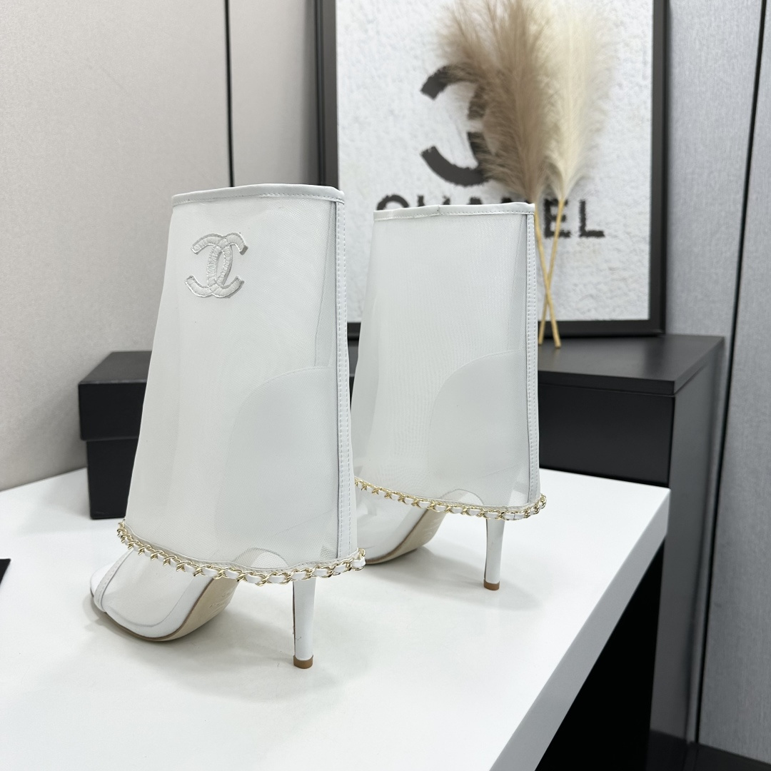 Women White Mesh Open Toe Ankle Boots Thin Stiletto High Heels Chain Decor Summer Hollow Boot Sandals