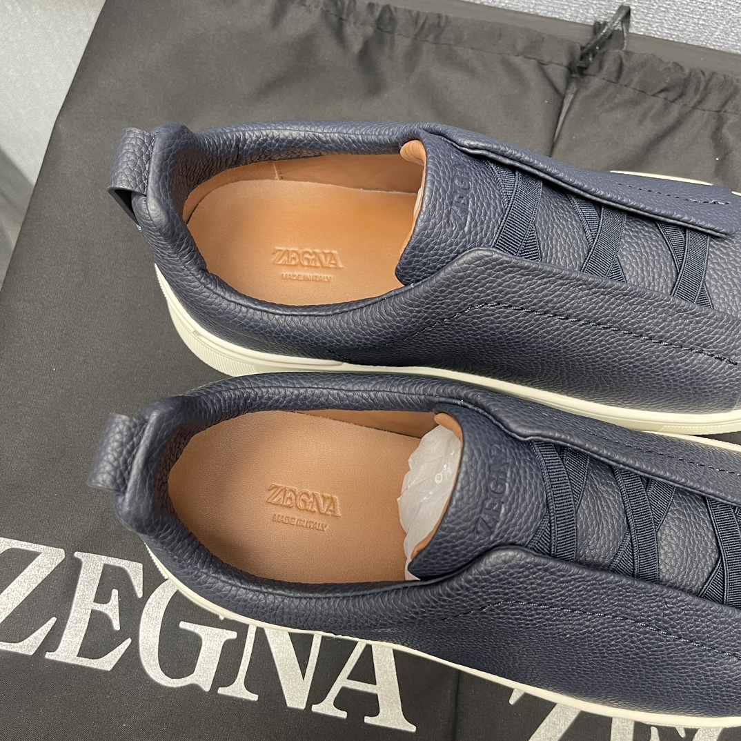 Men Dark Blue Leather Slip On Casual Sneakers Elastic Band Low Top Business Daily Walking Shoes