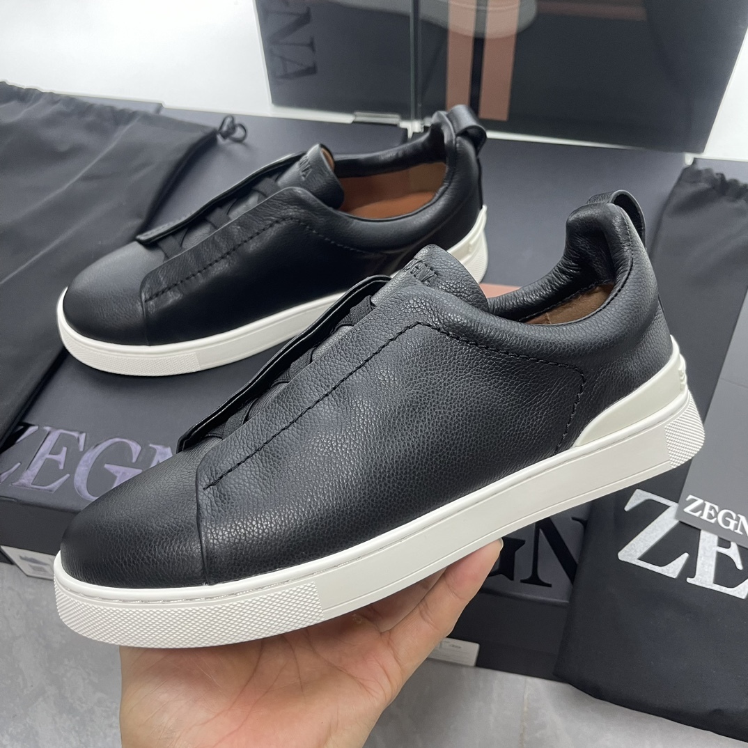 Men Black Genuine Leather Elastic Slip On Sneakers Low Top Business Casual Daily Walking Shoes