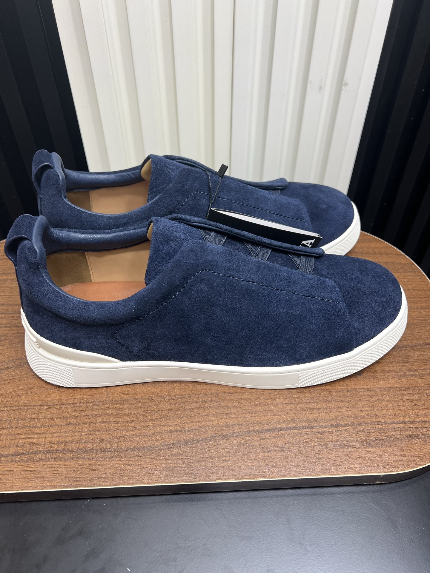 Men Navy Blue Suede Laceless Slip On Sneakers Low Top Business Casual Walking Shoes