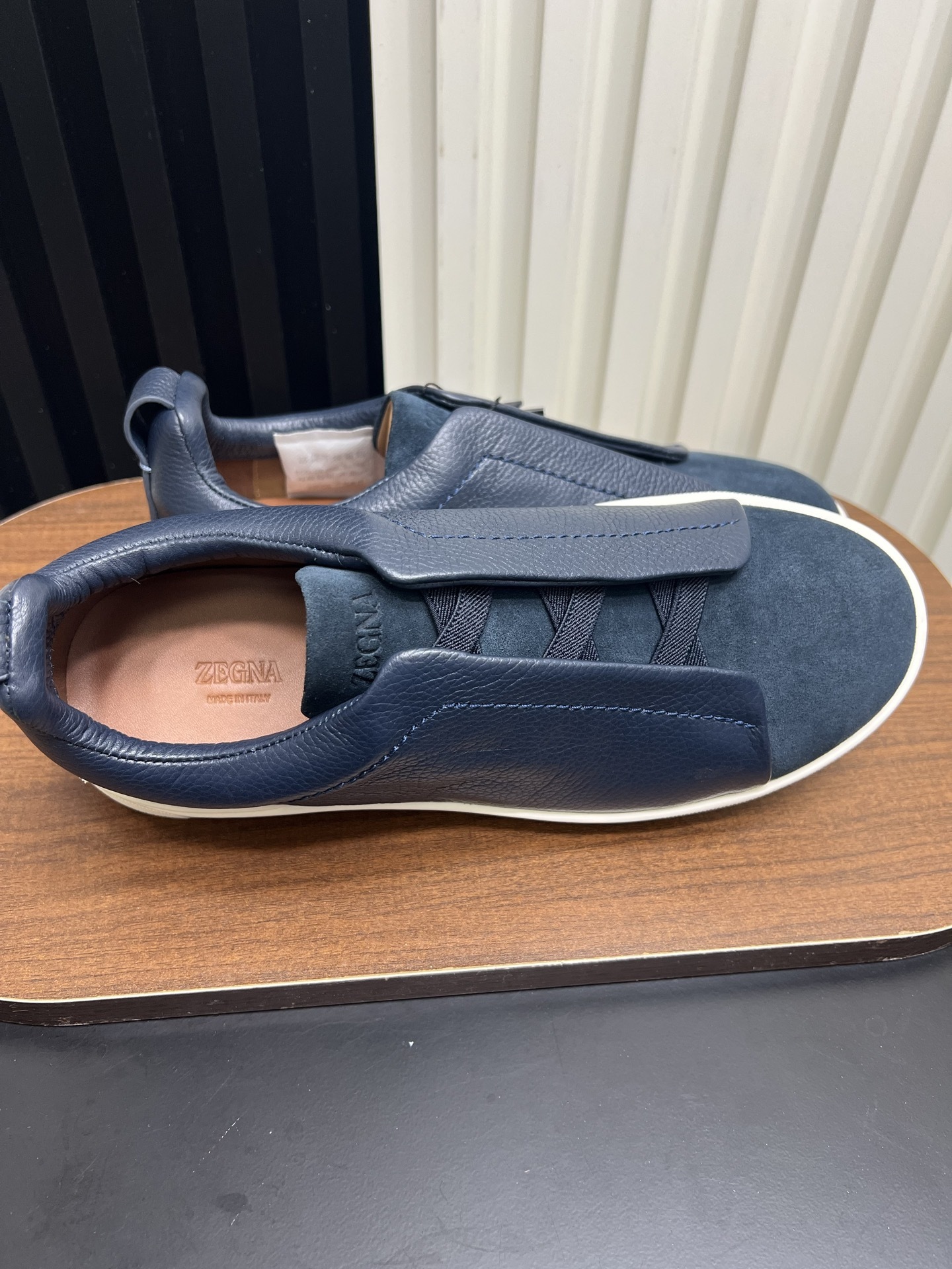 Men Slip-On Leather Suede Spliced Casual Shoes Navy Blue Laceless Sneakers