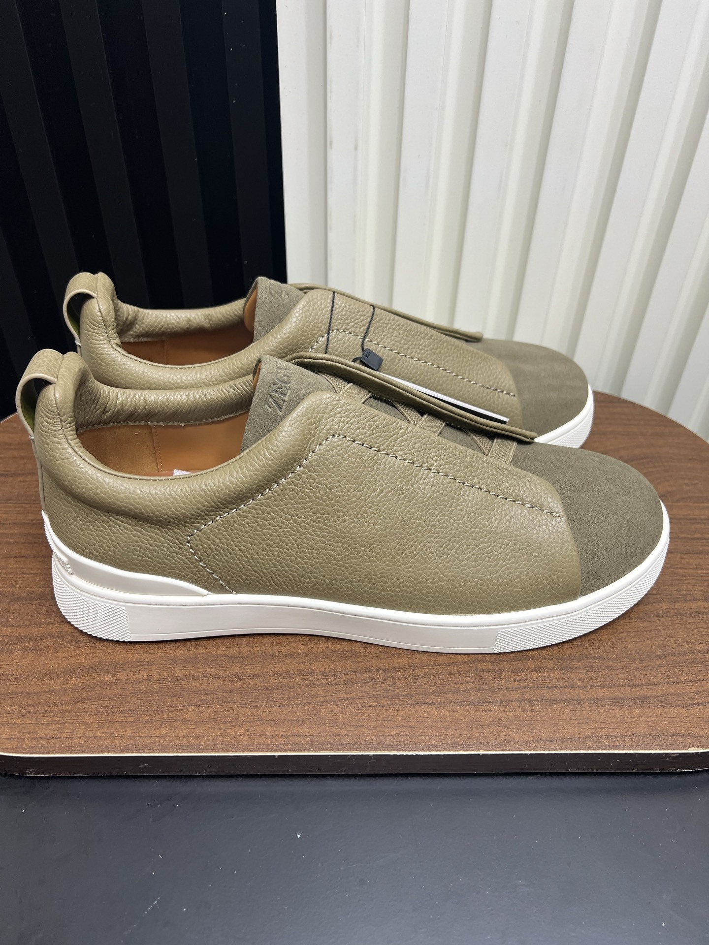 Men Slip-On Leather Suede Spliced Casual Shoes Khaki Laceless Sneakers