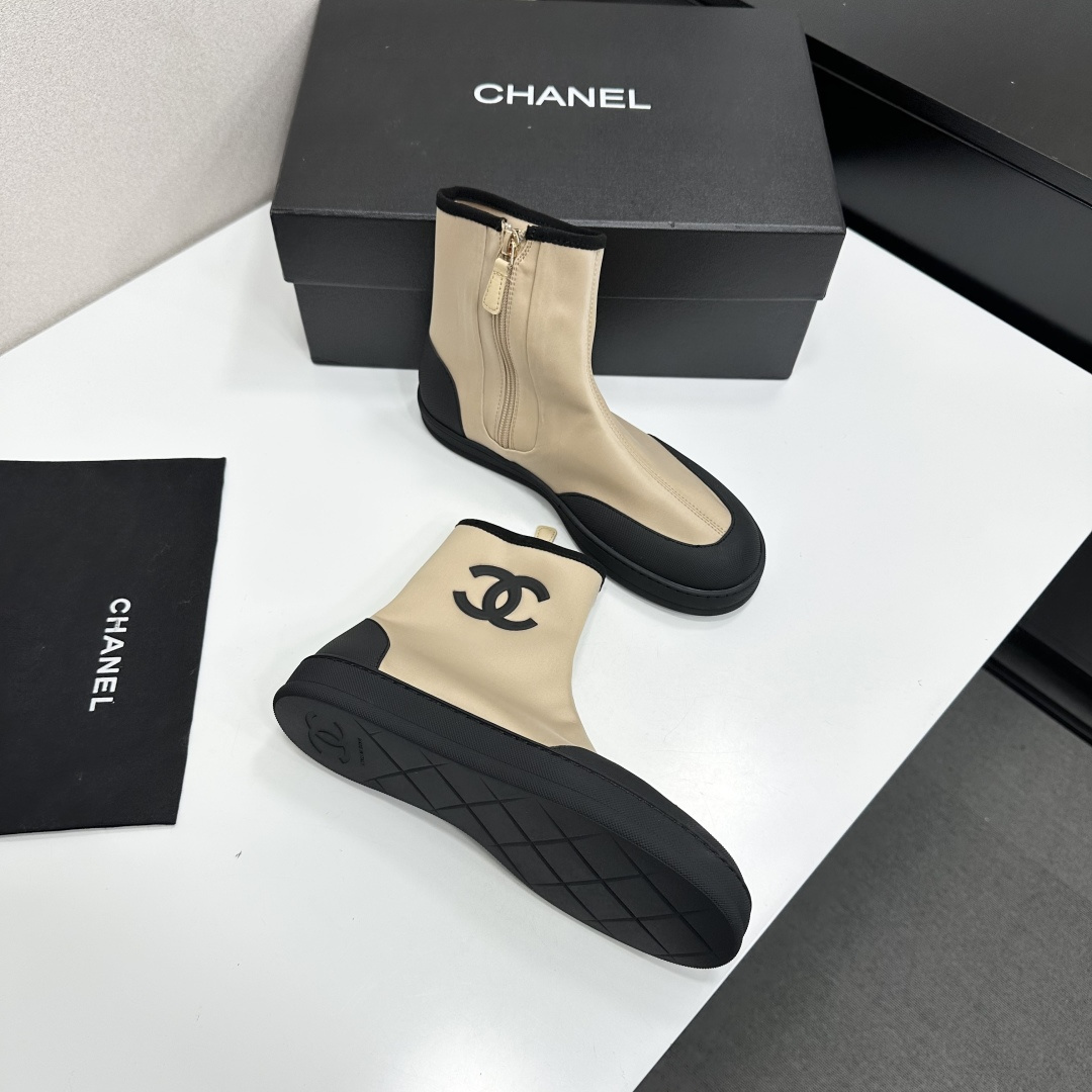 Women Beige Black Color Block Stretch Sock Ankle Boots Side Zipper Flat Platform Casual Short Booties
