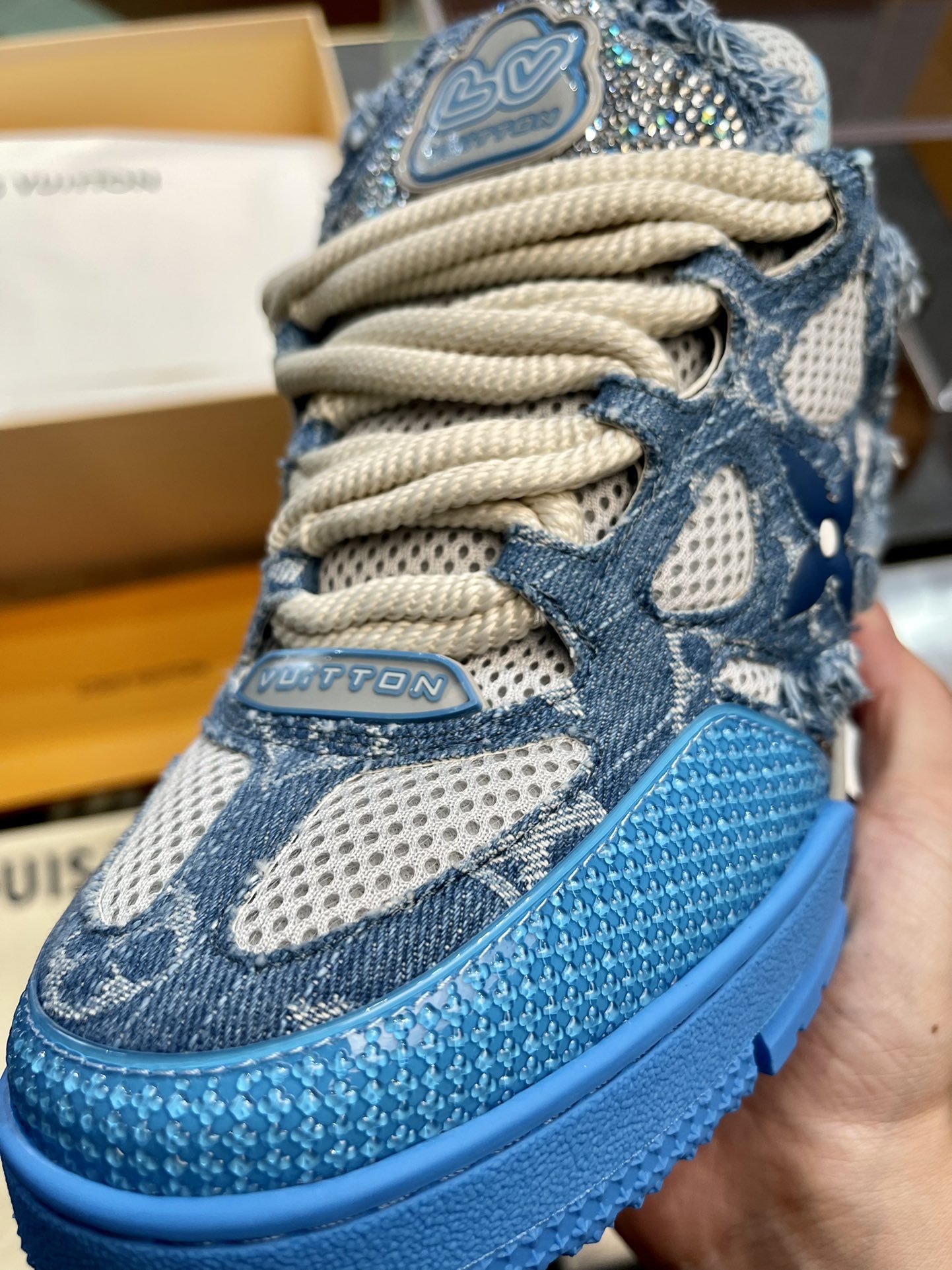 Blue Denim Fringe Jacquard Skate Shoes Thick Platform Lace Up Fashion Casual Sneakers