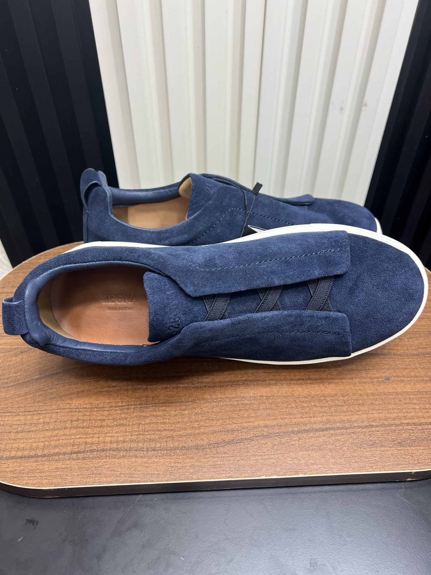 Men Navy Blue Suede Laceless Slip On Sneakers Low Top Business Casual Walking Shoes