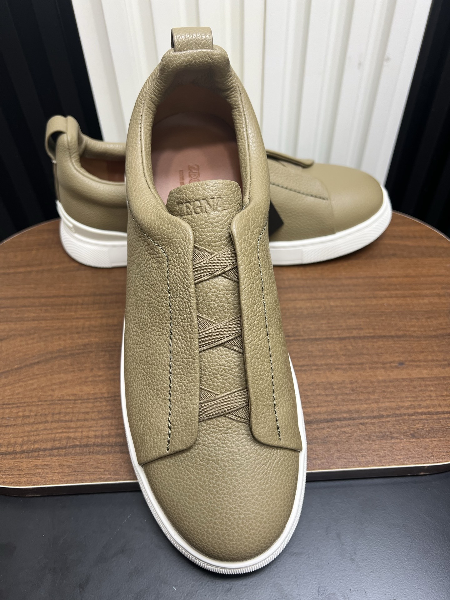 Men Slip-On Leather Casual Shoes Khaki Laceless Walking Sneakers