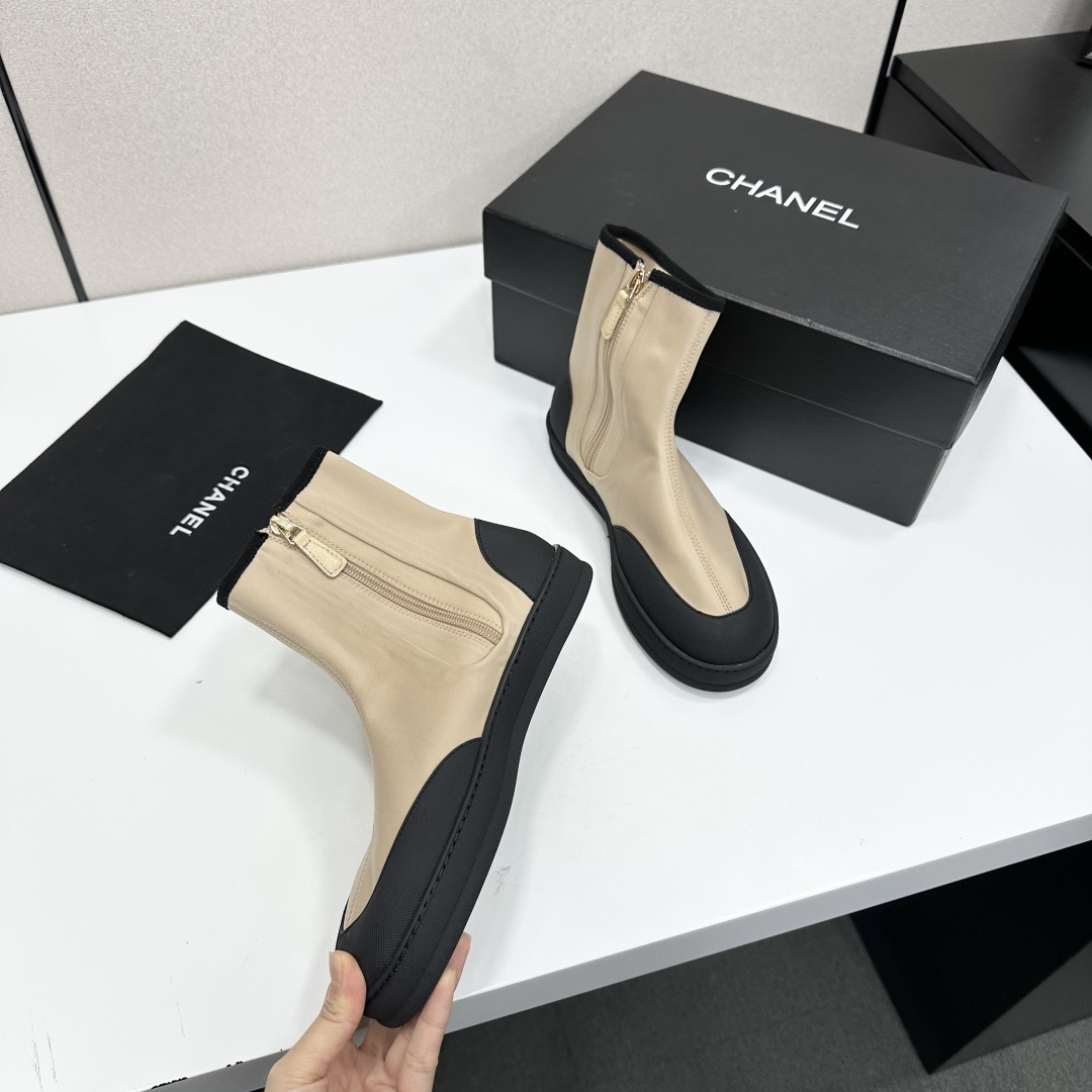 Women Beige Black Color Block Stretch Sock Ankle Boots Side Zipper Flat Platform Casual Short Booties