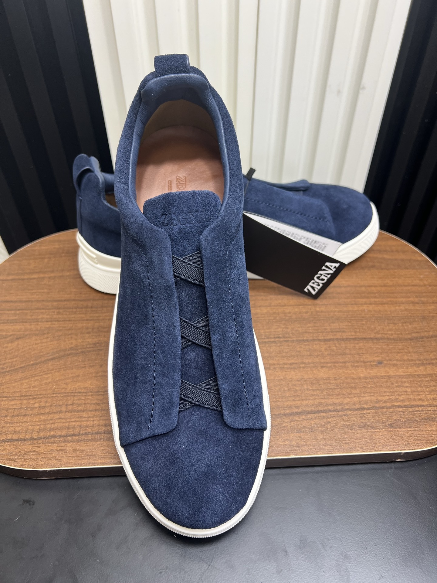 Men Navy Blue Suede Laceless Slip On Sneakers Low Top Business Casual Walking Shoes