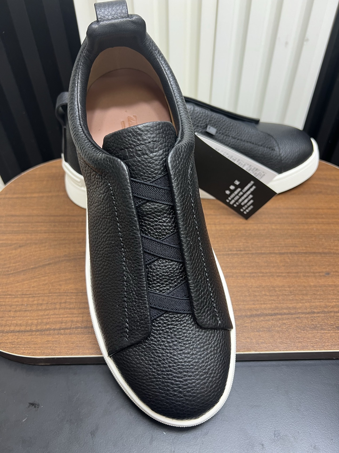 Men Black Leather Laceless Slip On Sneakers Low Top Business Casual Walking Shoes