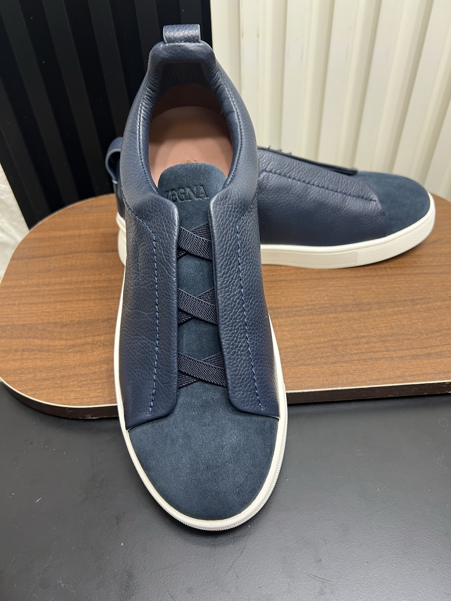 Men Slip-On Leather Suede Spliced Casual Shoes Navy Blue Laceless Sneakers