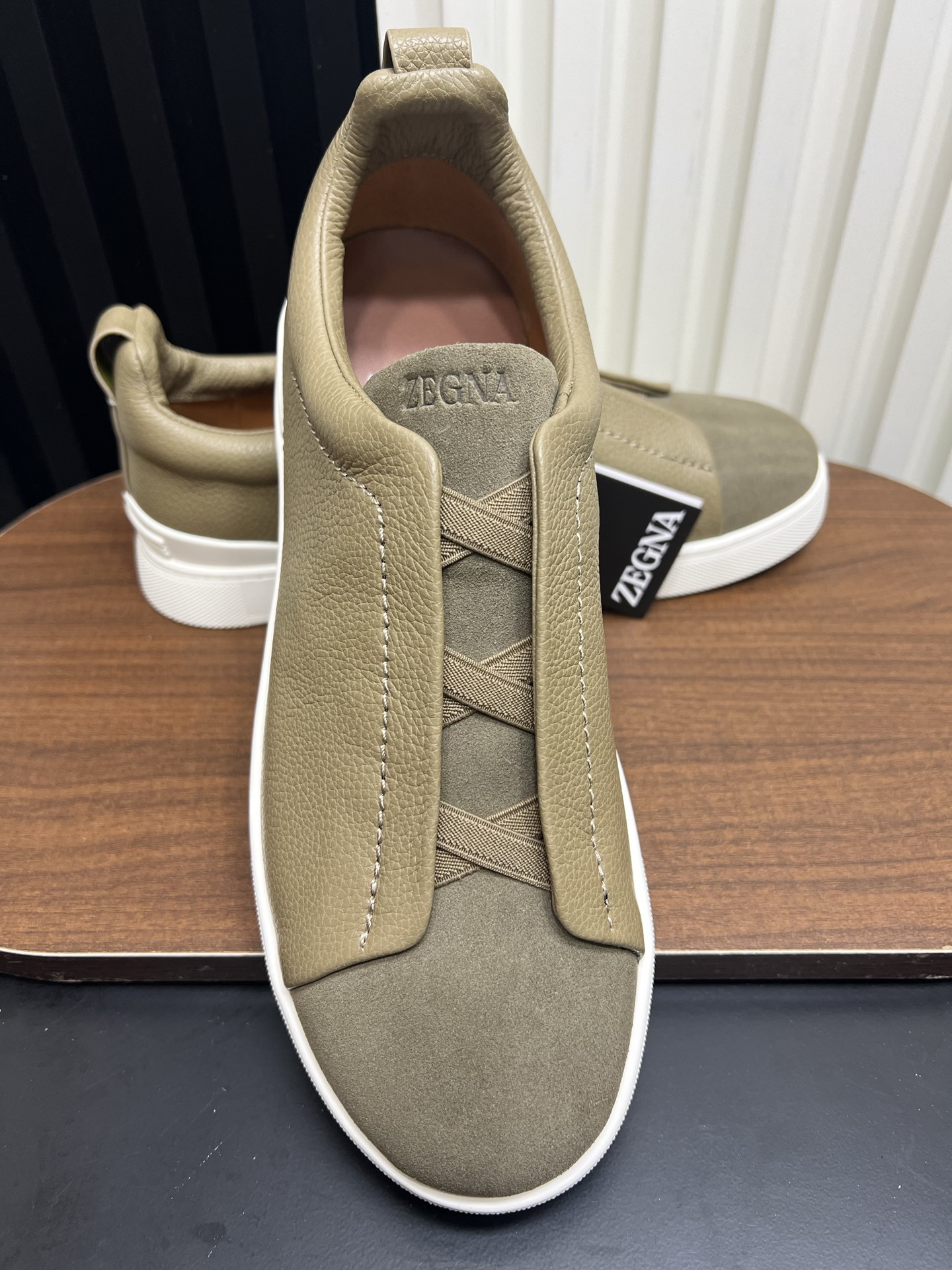 Men Slip-On Leather Suede Spliced Casual Shoes Khaki Laceless Sneakers