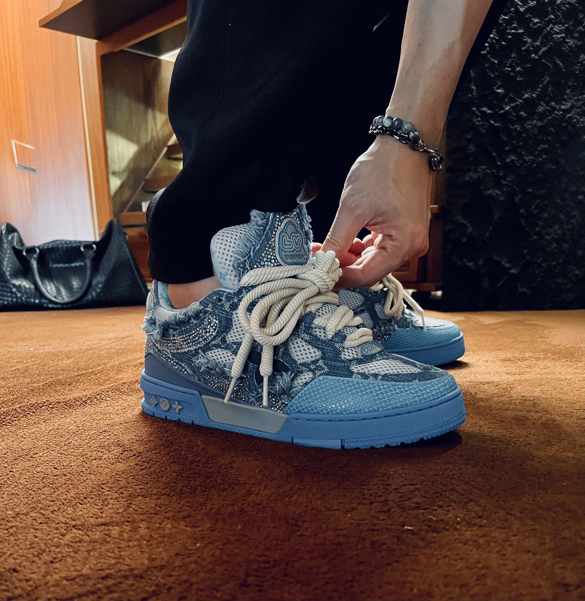 Blue Denim Fringe Jacquard Skate Shoes Thick Platform Lace Up Fashion Casual Sneakers