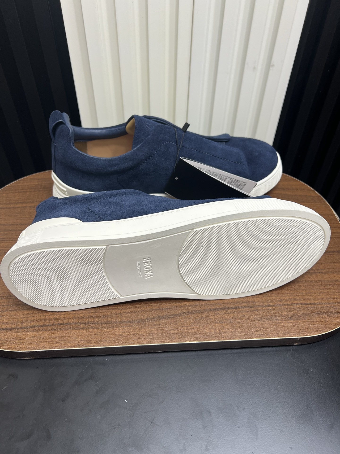 Men Navy Blue Suede Laceless Slip On Sneakers Low Top Business Casual Walking Shoes