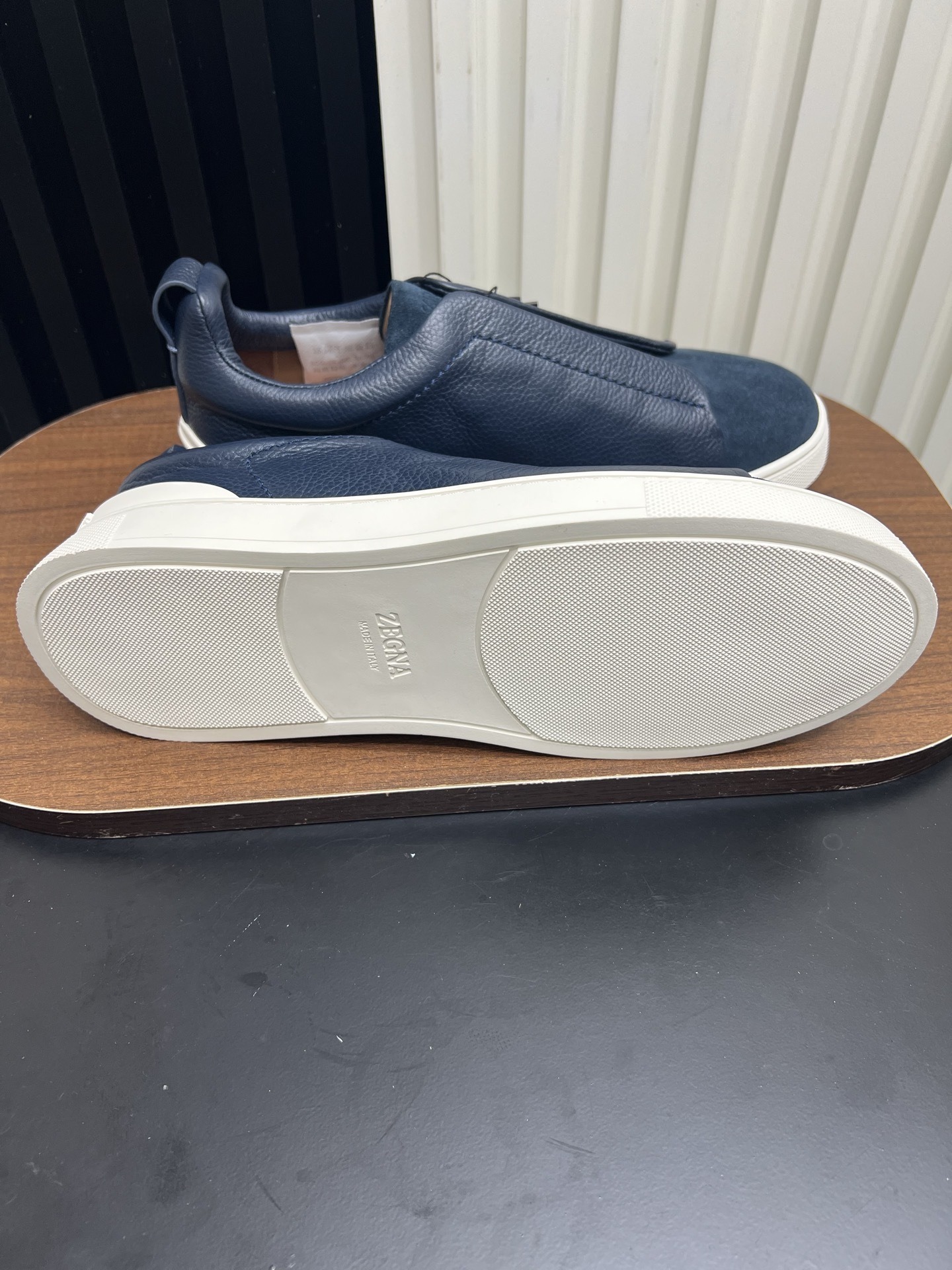 Men Slip-On Leather Suede Spliced Casual Shoes Navy Blue Laceless Sneakers
