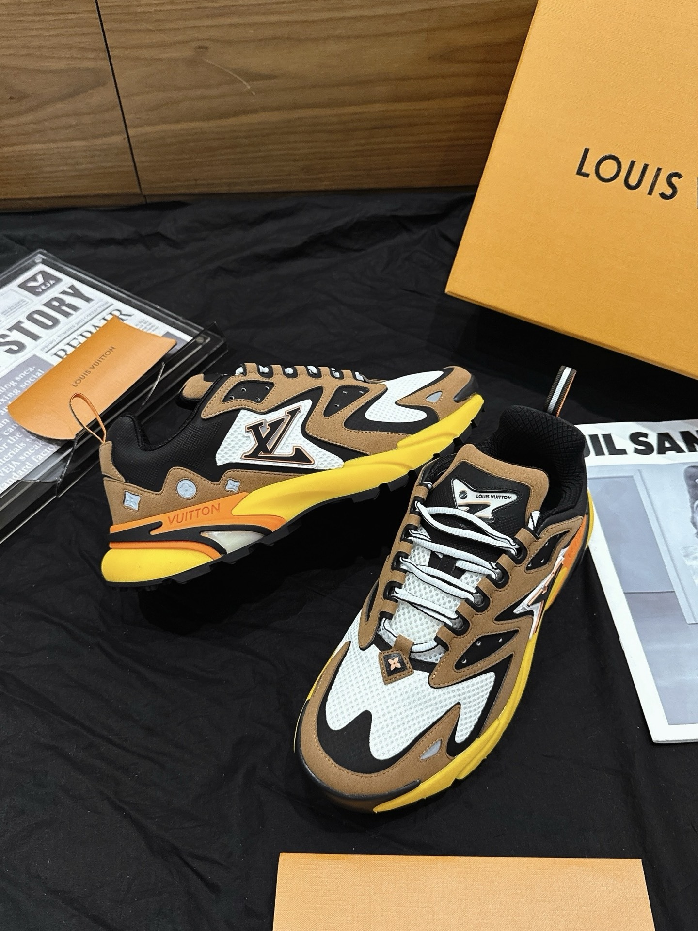 Brown Yellow Color Block Thick Sole Chunky Sneakers Men Fashion Patchwork Breathable Mesh Casual Walking Sports Dad Shoes