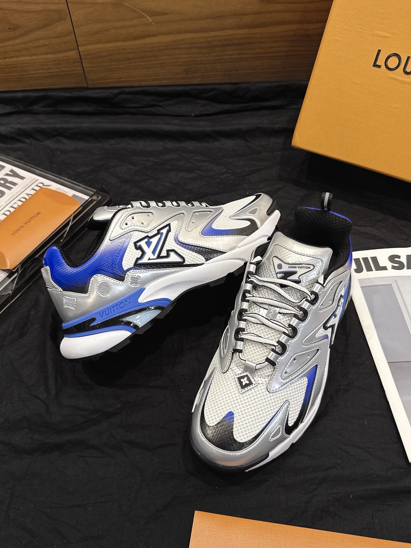 Silver Blue Colorblock Chunky Platform Sneakers Men Breathable Mesh Retro Casual Dad Shoes Fashion Walking Sports Trainers