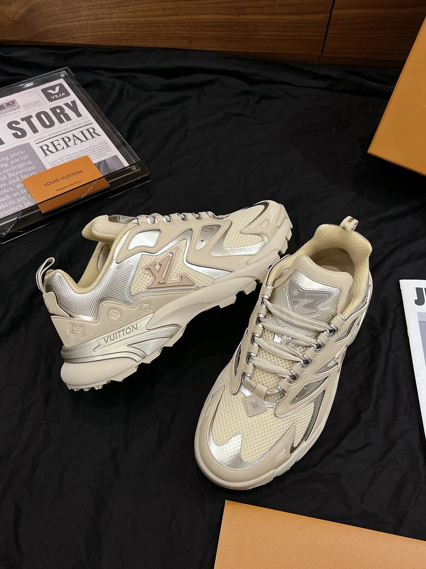 Beige Silver Spliced Chunky Platform Dad Shoes Men Breathable Mesh Non Slip Casual Walking Sneakers Fashion Outdoor Sports Trainers