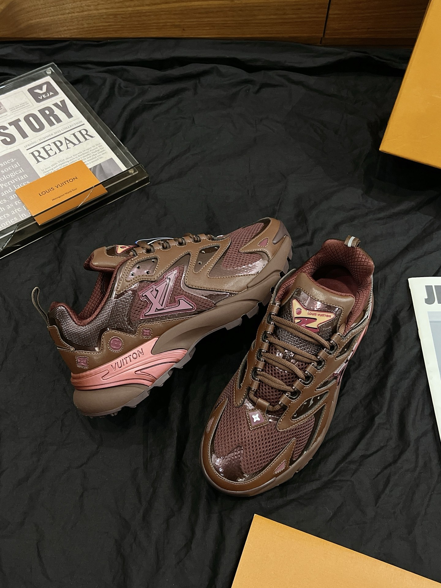 Brown Pink Color Block Chunky Platform Dad Shoes Men Breathable Mesh Outdoor Non-Slip Fashion Retro Casual Sneakers