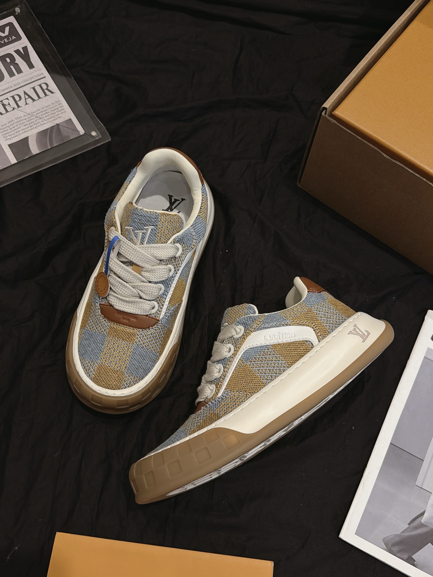 Blue Brown Plaid Canvas Skate Shoes Thick Non Slip Gum Sole Casual Walking Sneakers Unisex