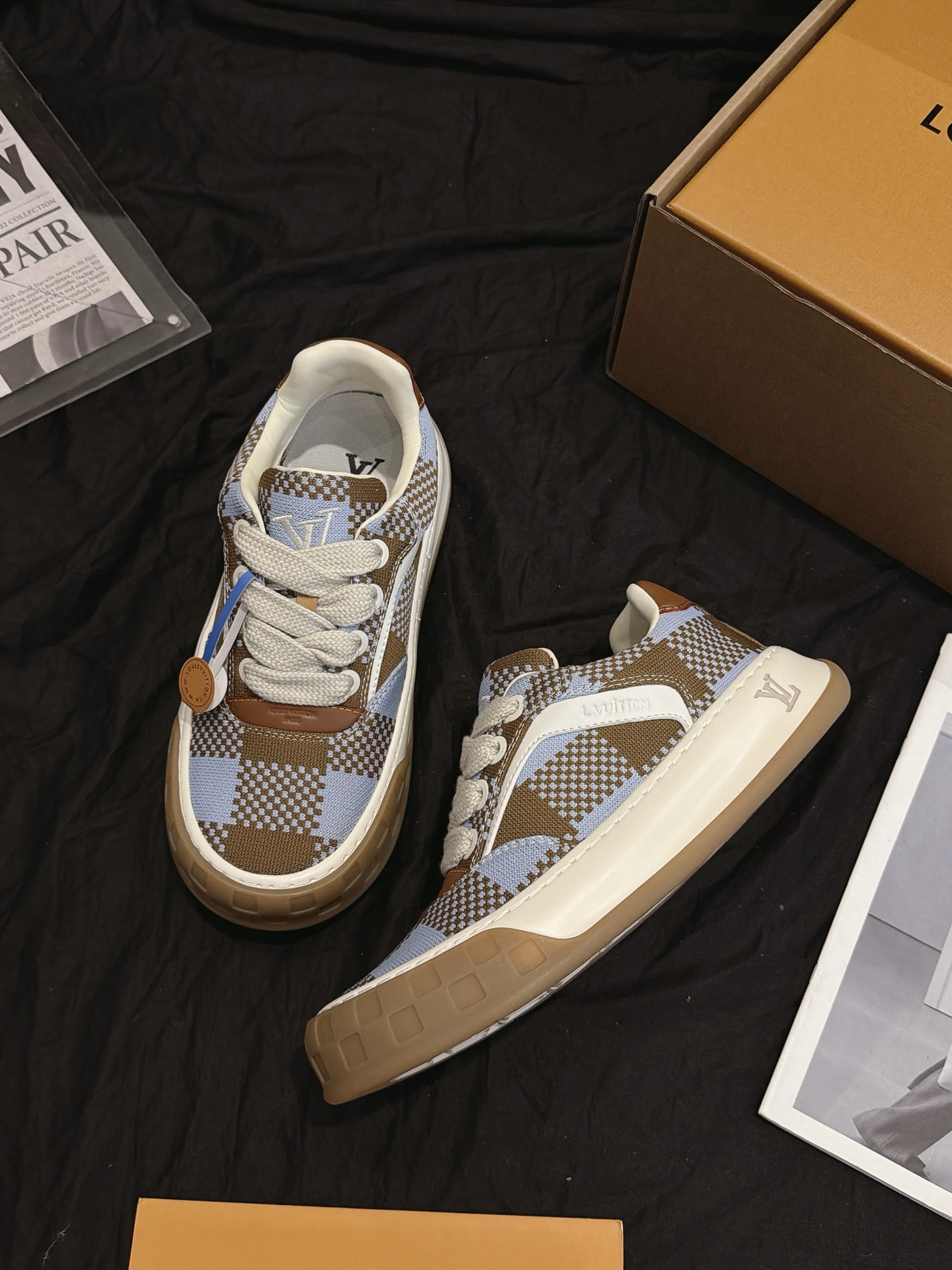 Brown Blue Checkered Canvas Skate Shoes Non Slip Rubber Sole Fashion Retro Casual Sneakers For Men Women
