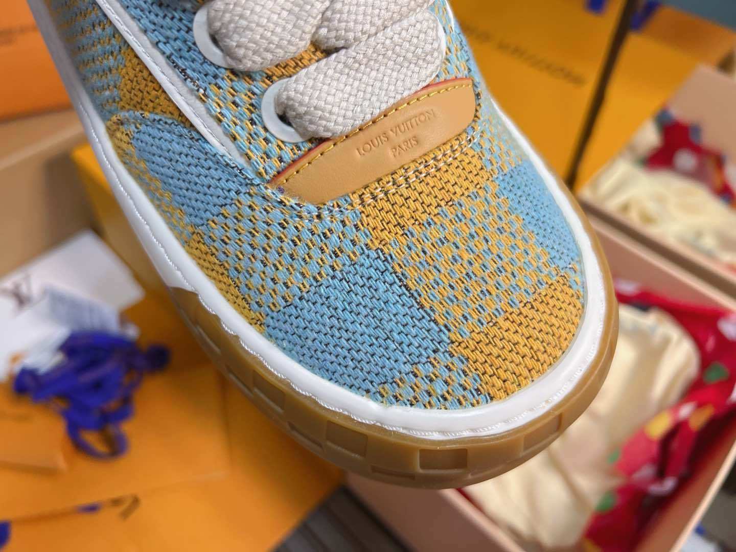 Blue Yellow Plaid Knitted Casual Skate Shoes Unisex Lace Up Fashion Sneakers