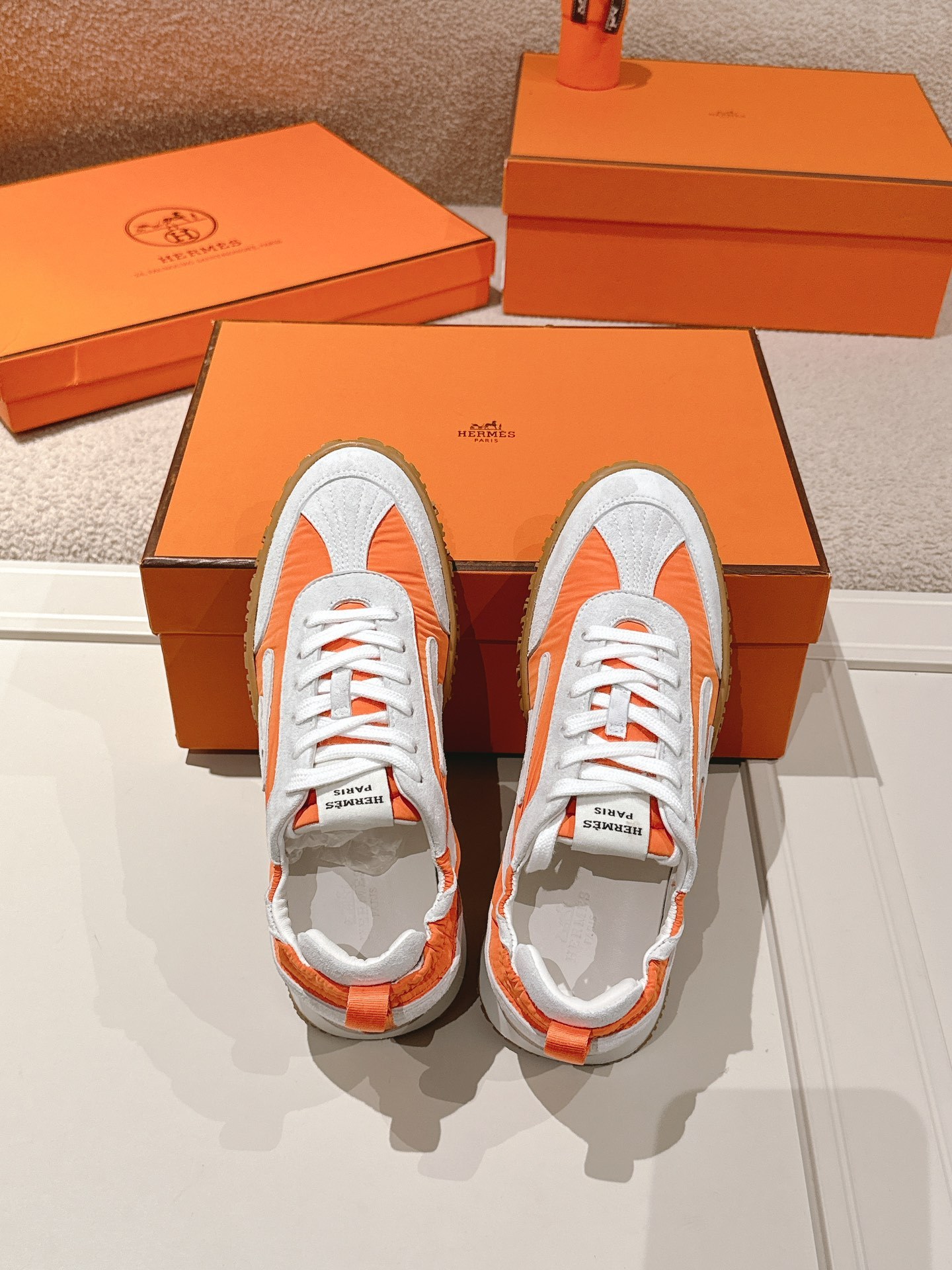 Orange White Colorblock Retro Sneakers Breathable Mesh Upper Non Slip Gum Rubber Sole Lightweight Casual Walking Trainers For Women