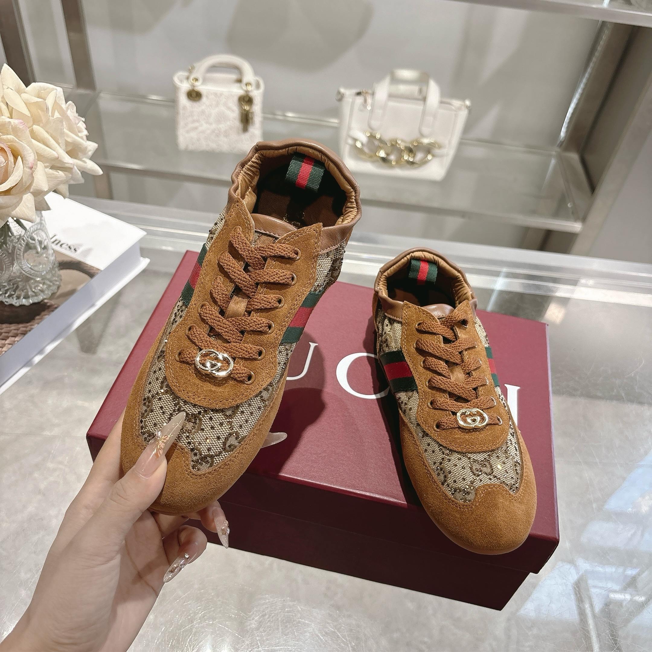 Women Vintage Brown Printed Suede Sneakers Classic Web Stripe Lace-Up Flat Shoes Non-Slip Rubber Sole Luxury Casual Walking Trainers EU35-EU40