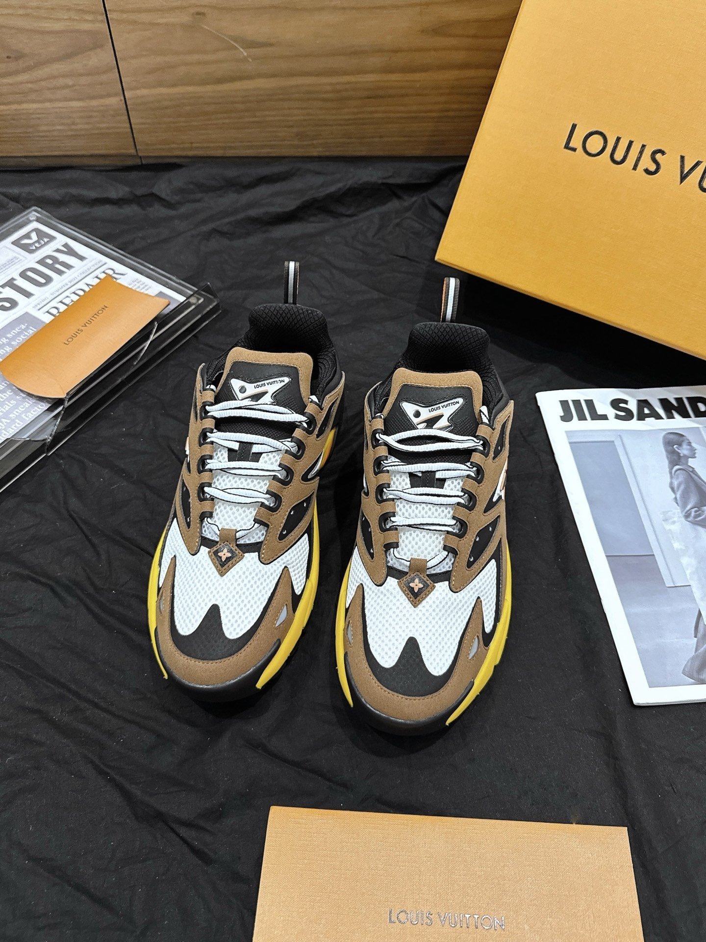 Brown Yellow Color Block Thick Sole Chunky Sneakers Men Fashion Patchwork Breathable Mesh Casual Walking Sports Dad Shoes