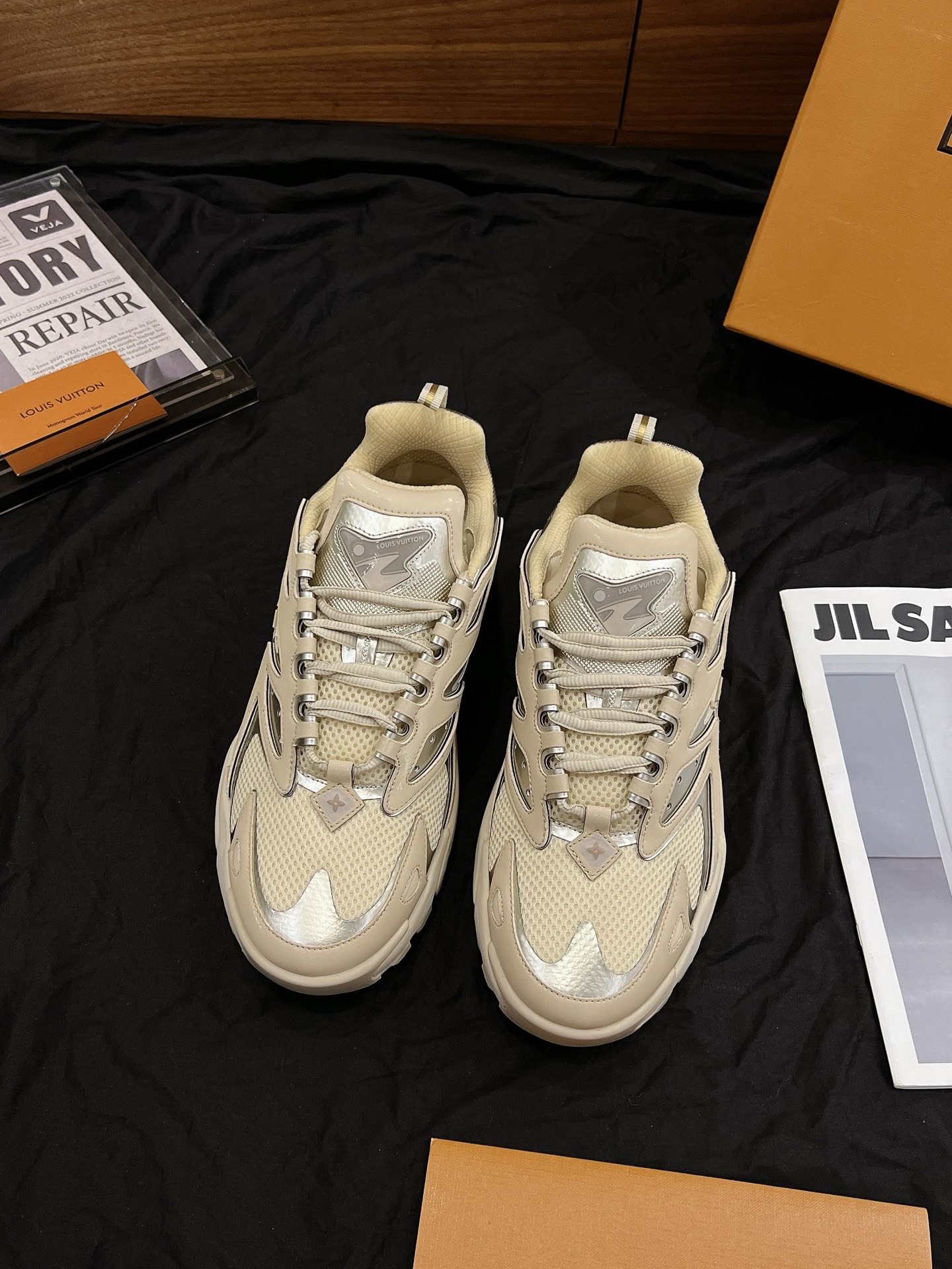Beige Silver Spliced Chunky Platform Dad Shoes Men Breathable Mesh Non Slip Casual Walking Sneakers Fashion Outdoor Sports Trainers