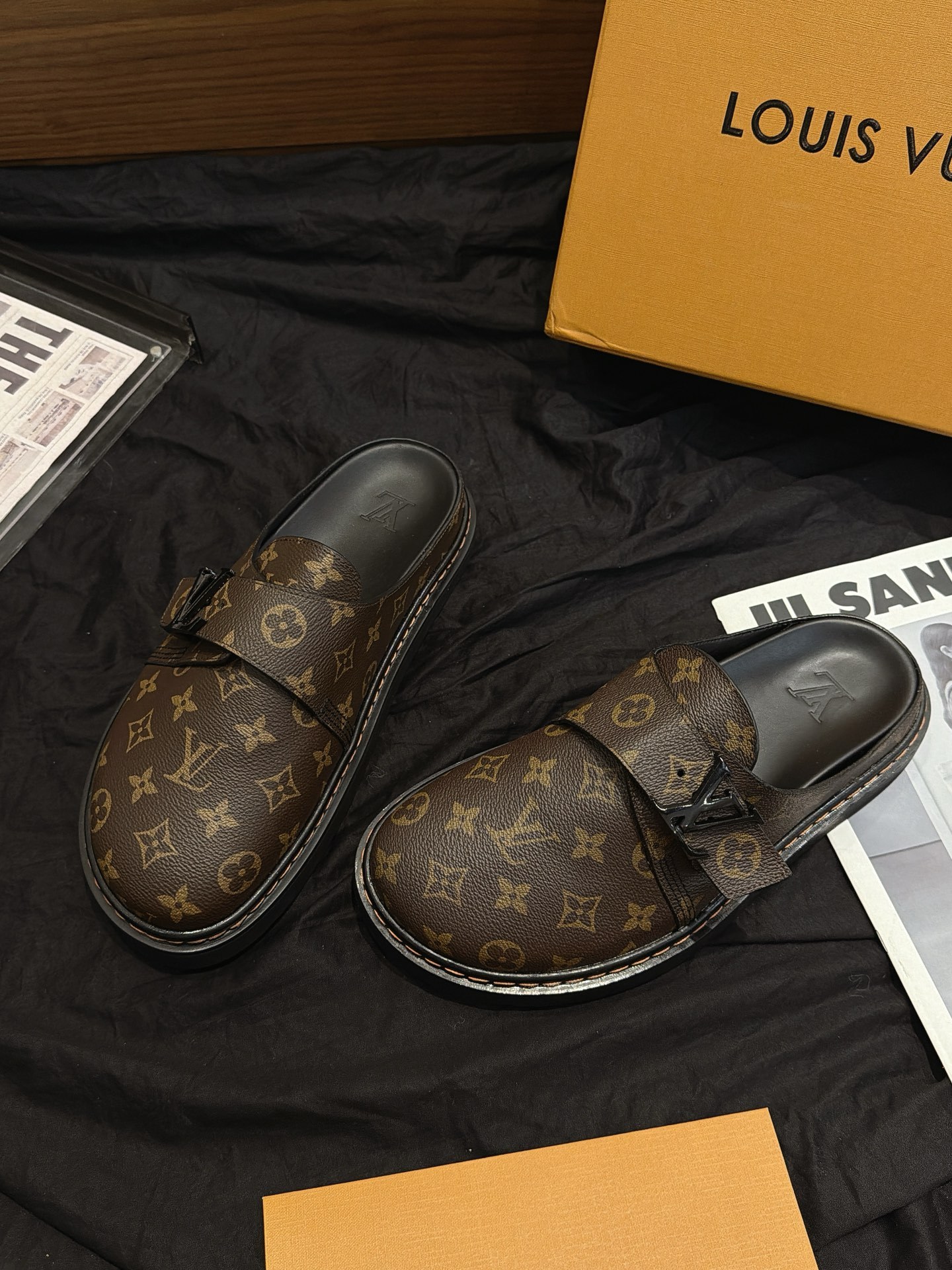 Classic Brown Monogram Print Backless Mule Loafers Slip On Casual Half Slippers Non Slip Thick Sole Walking Shoes Unisex