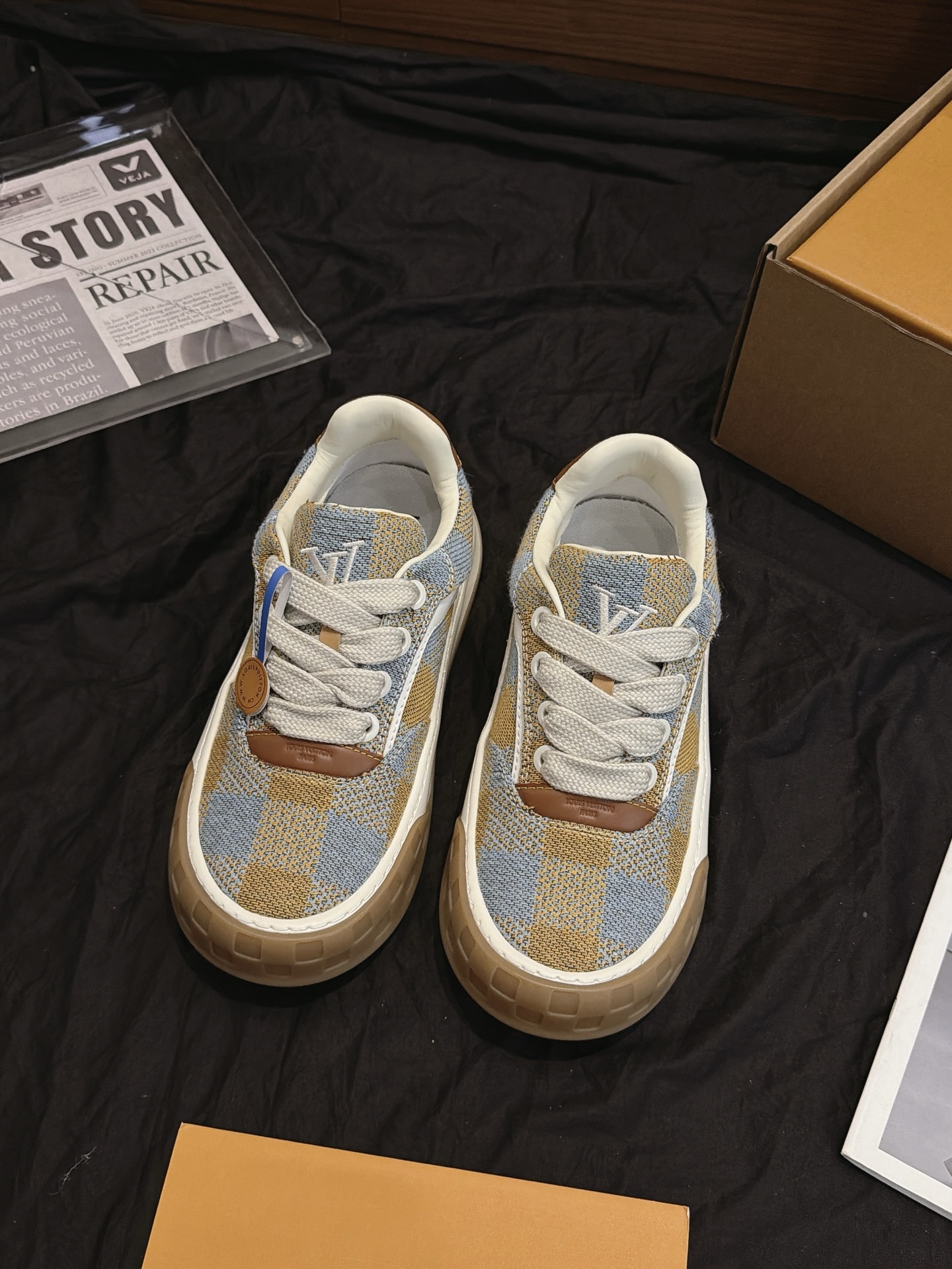 Blue Brown Plaid Canvas Skate Shoes Thick Non Slip Gum Sole Casual Walking Sneakers Unisex