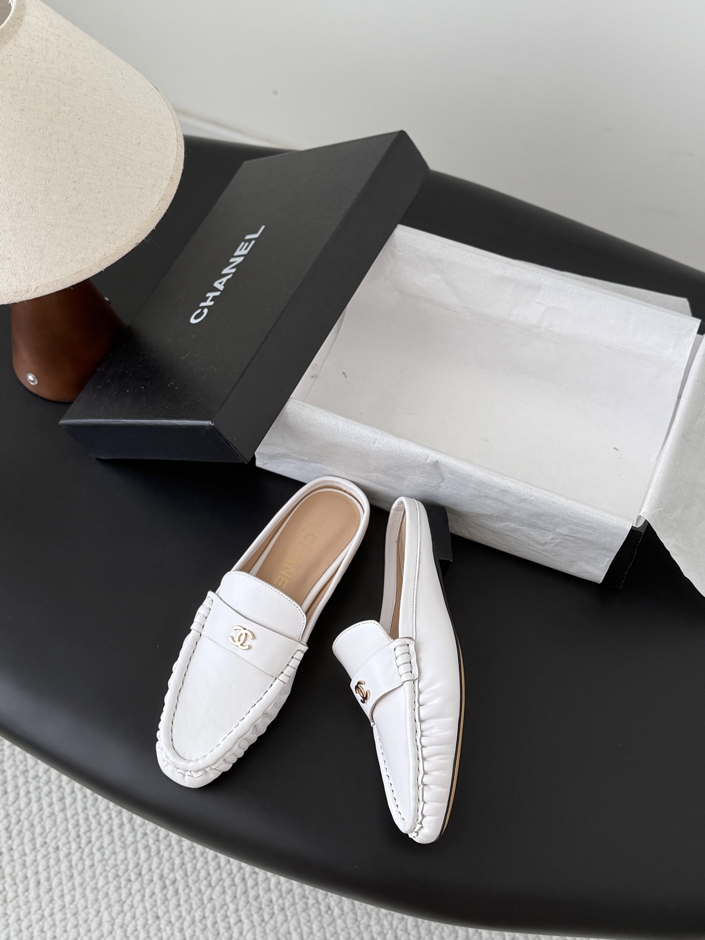 White Leather Backless Loafers Women Slip On Flat Mules Casual Office Shoes