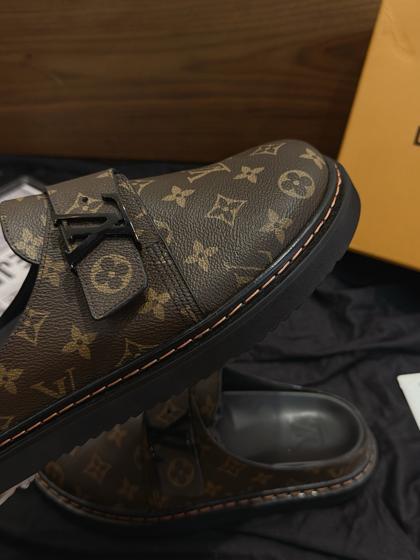 Classic Brown Monogram Print Backless Mule Loafers Slip On Casual Half Slippers Non Slip Thick Sole Walking Shoes Unisex