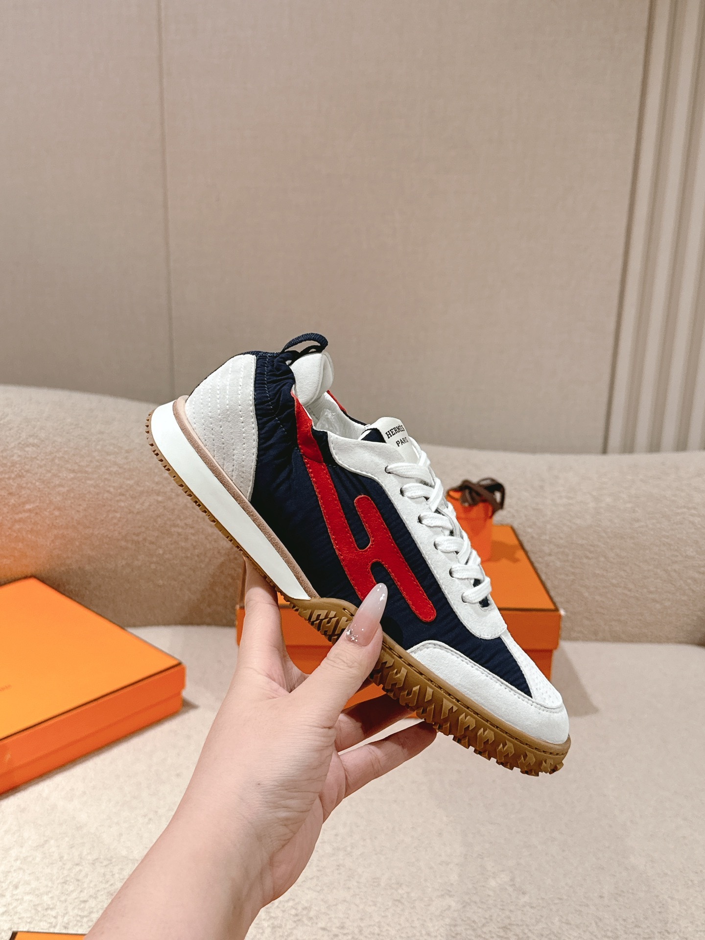 Women Navy Red Color Block Retro Sneakers Stripe Decor Non Slip Gum Rubber Sole Casual Walking Trainers