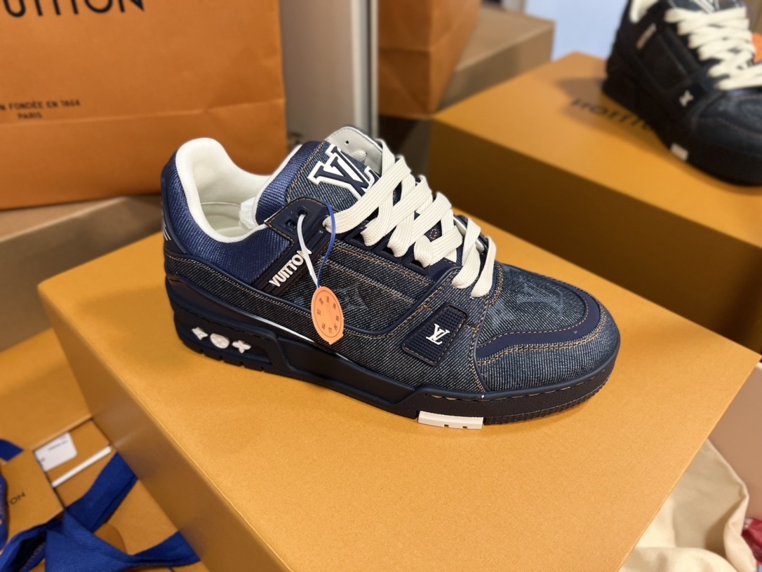 Men Dark Denim Jacquard Low Top Skate Shoes Thick White Shoelace Casual Sneakers Wear-resistant Non-slip Fashion Street Daily Walking Shoes