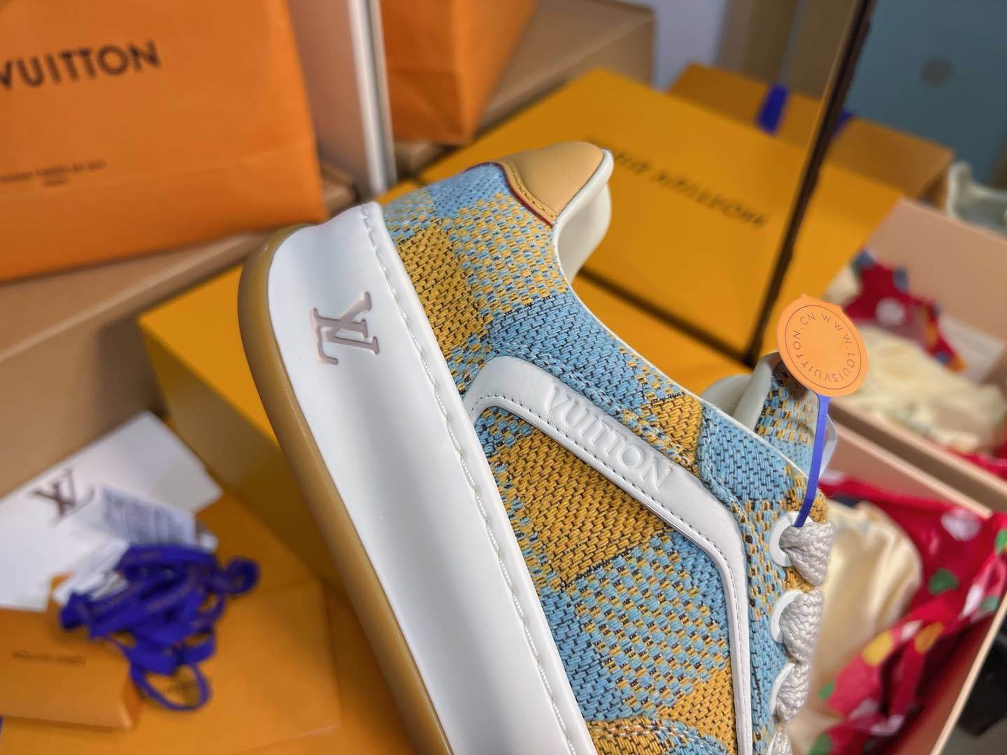 Blue Yellow Plaid Knitted Casual Skate Shoes Unisex Lace Up Fashion Sneakers
