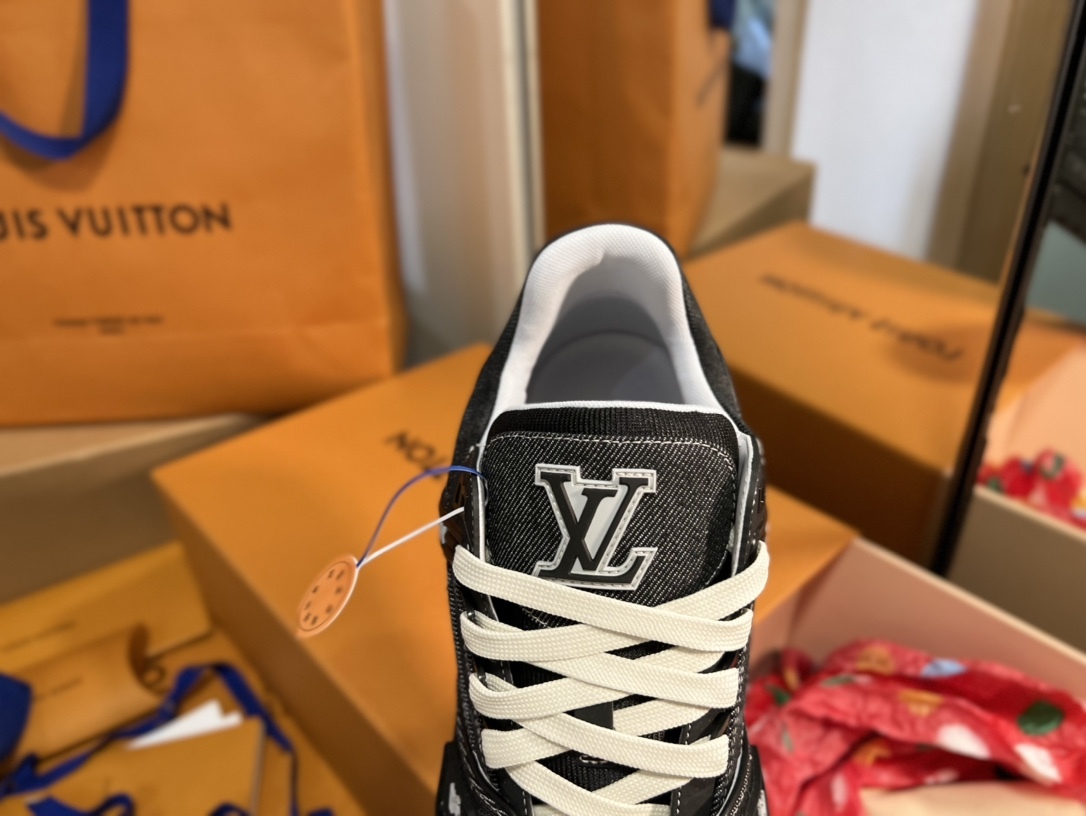 Men Black Denim Jacquard Low Top Skate Shoes Fashion Thick White Laces Casual Walking Sneakers For Daily Street Wear