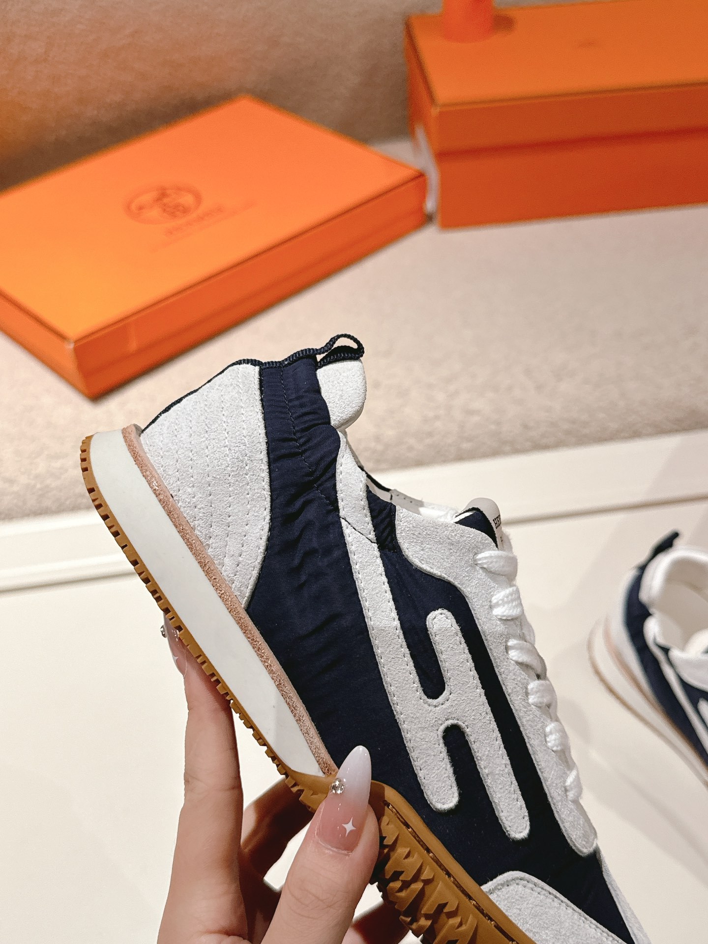 Women Navy White Colorblock Retro Sneakers Letter Decor Non Slip Gum Rubber Sole Casual Walking Shoes