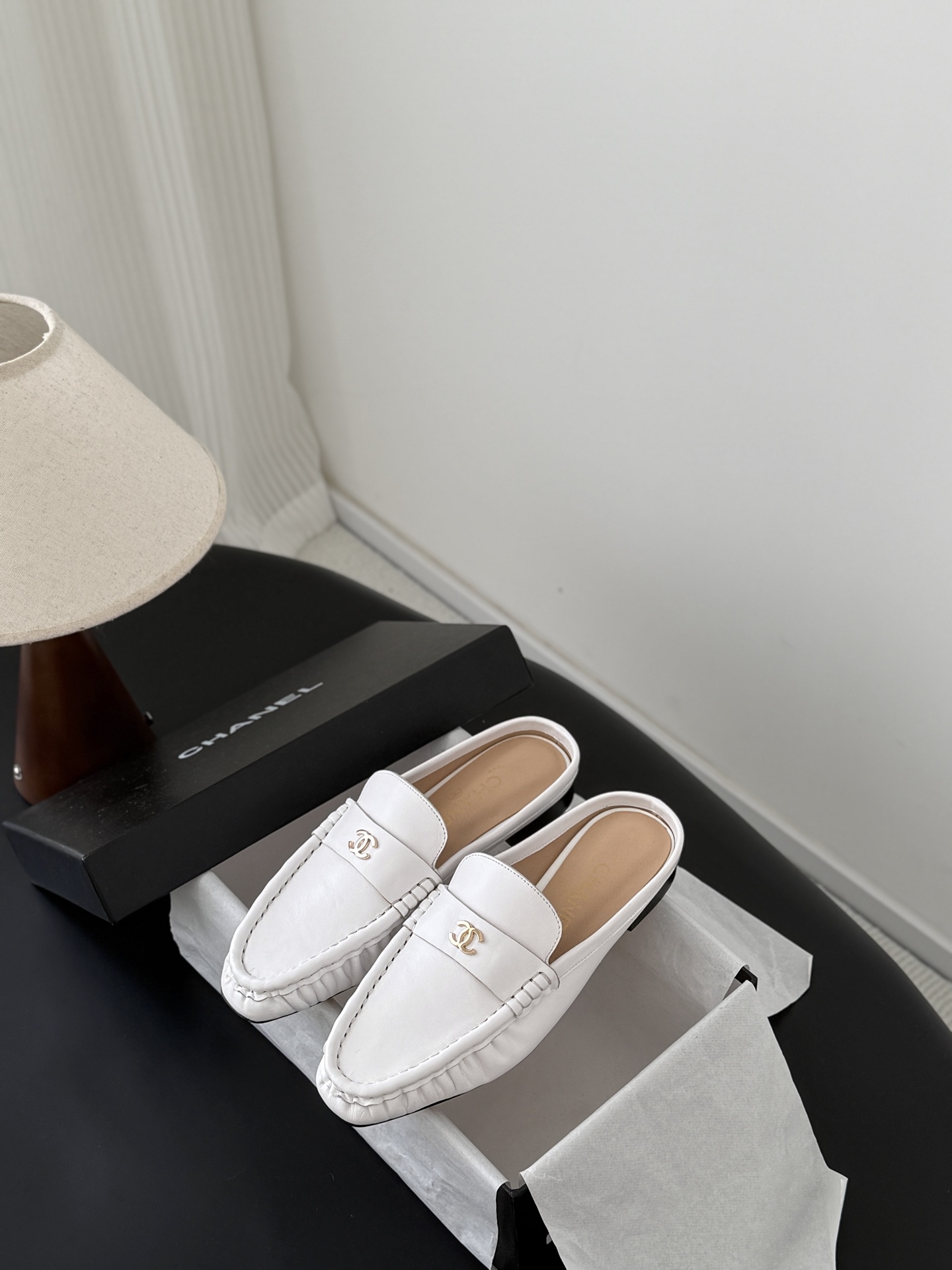 White Leather Backless Loafers Women Slip On Flat Mules Casual Office Shoes