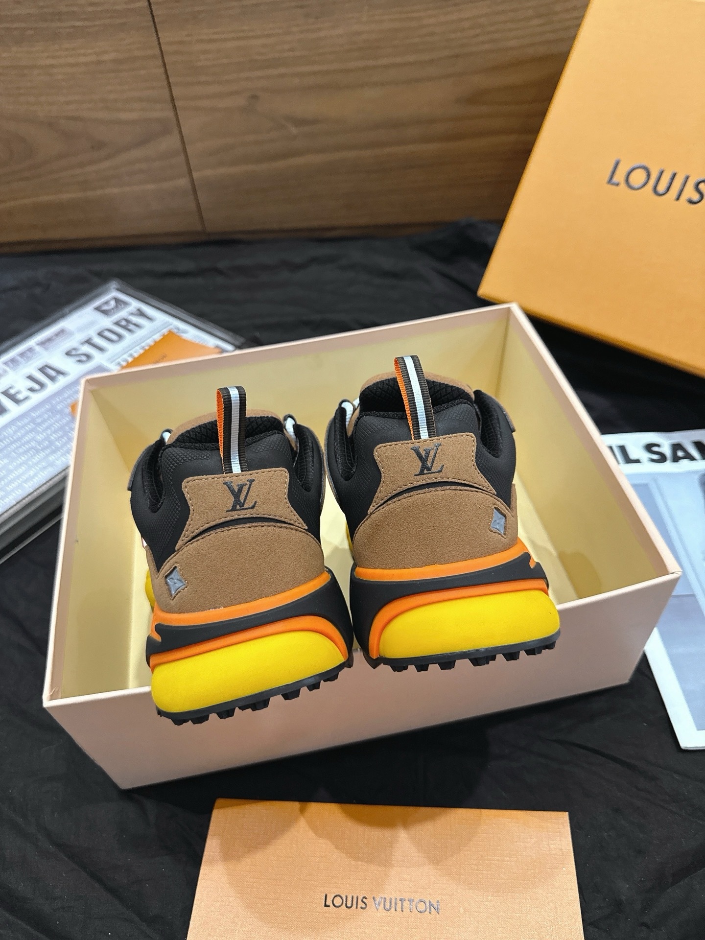 Brown Yellow Color Block Thick Sole Chunky Sneakers Men Fashion Patchwork Breathable Mesh Casual Walking Sports Dad Shoes