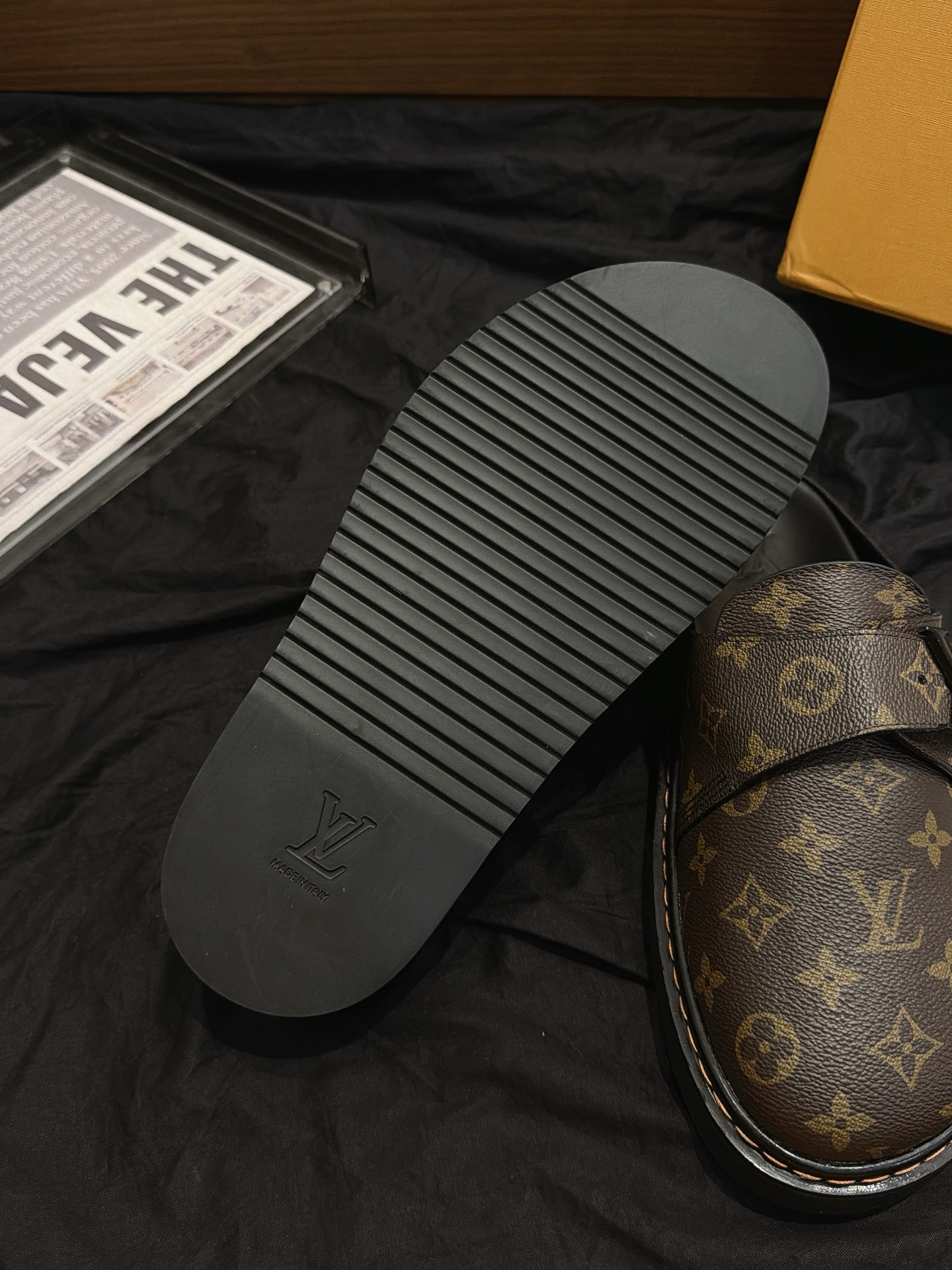 Classic Brown Monogram Print Backless Mule Loafers Slip On Casual Half Slippers Non Slip Thick Sole Walking Shoes Unisex