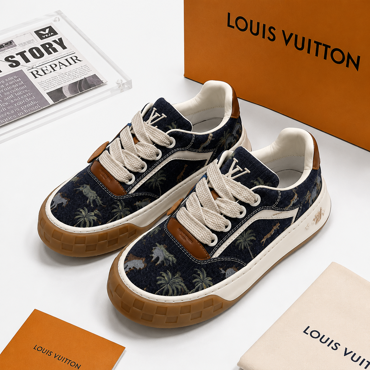 LV Denim Animal Print Thick Sole Sneakers Navy Blue SW-EV167