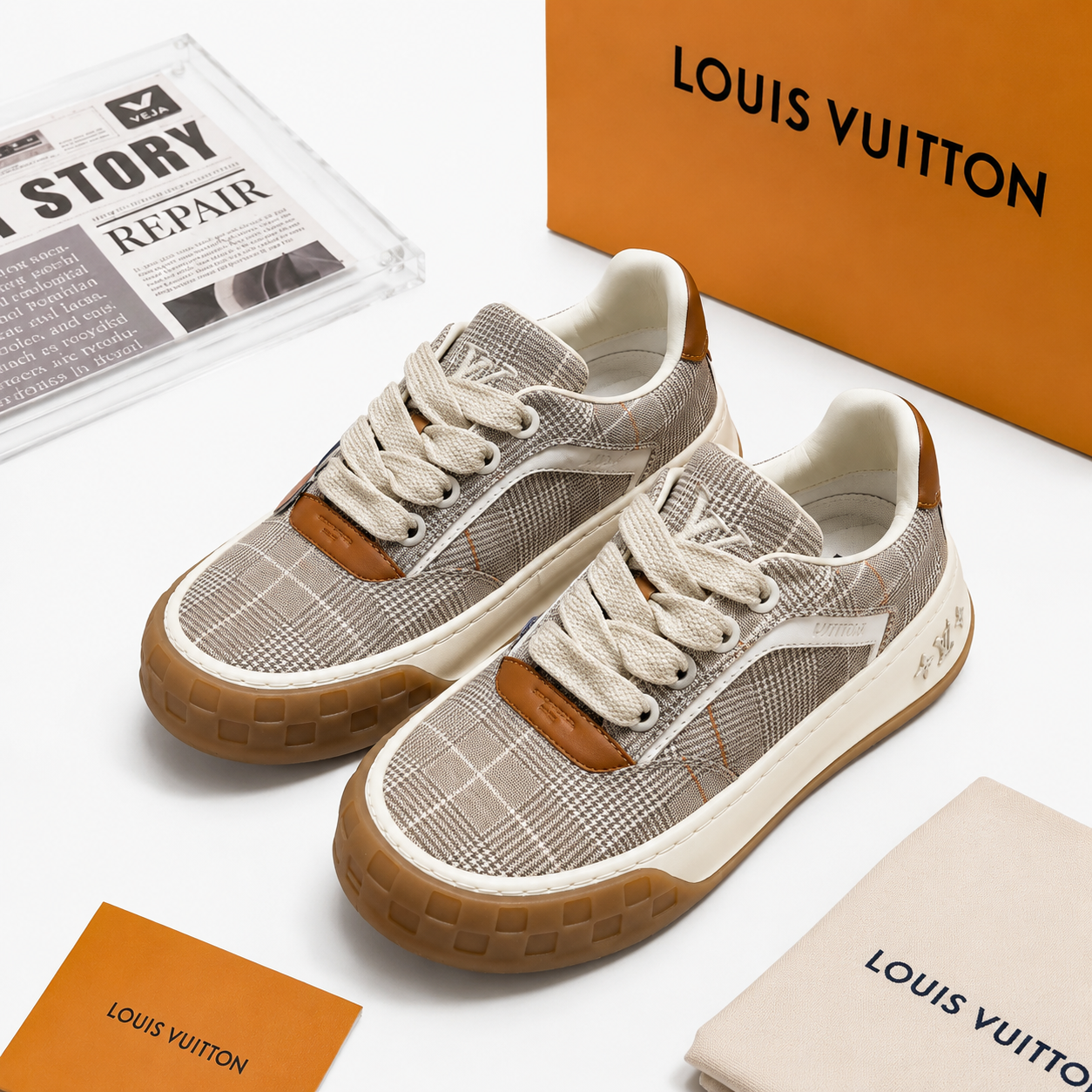 LV Plaid Thick Sole Sneakers Gray White SW-EV168