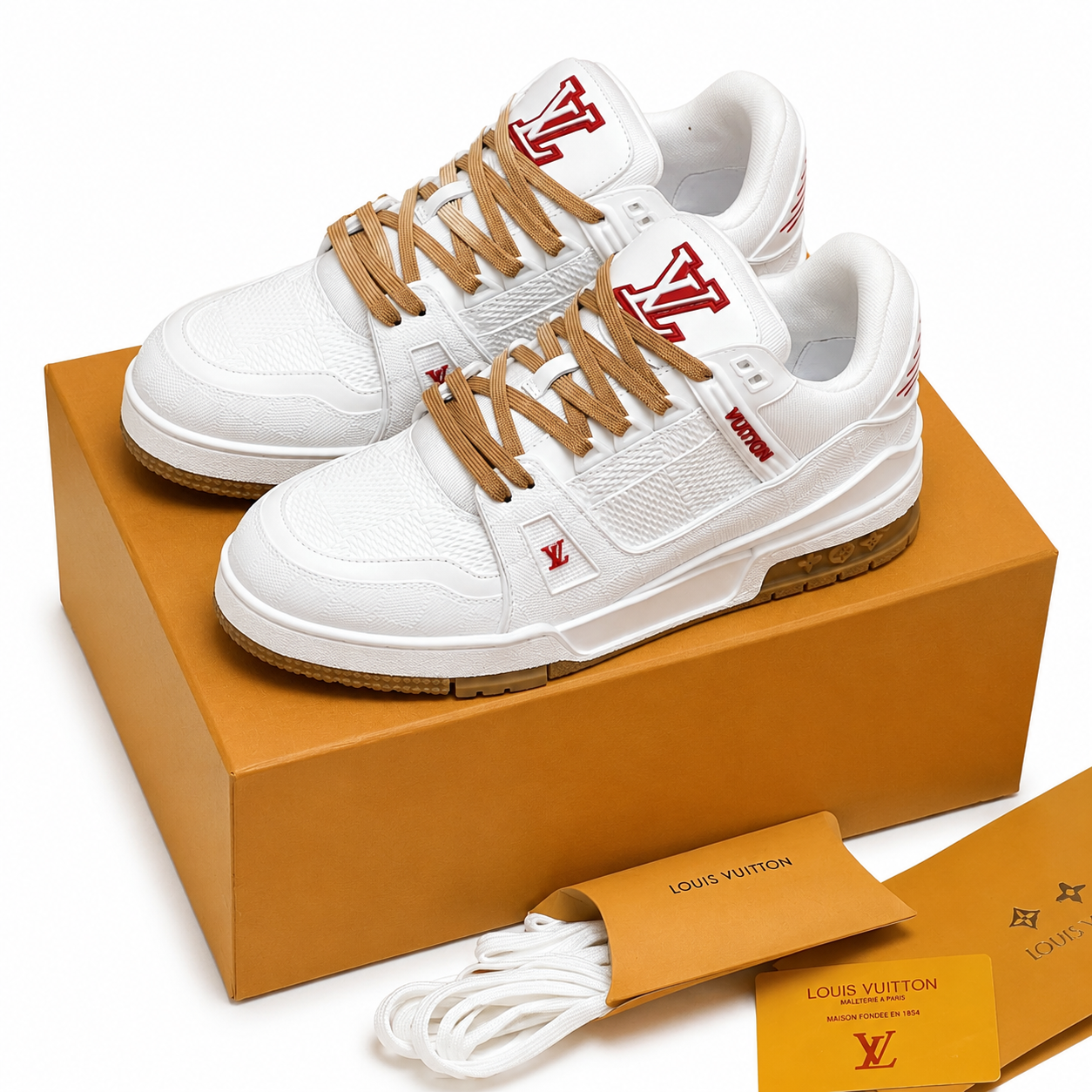 LV Trainer Low Sneakers White Red Logo Gum Sole SW-EV148