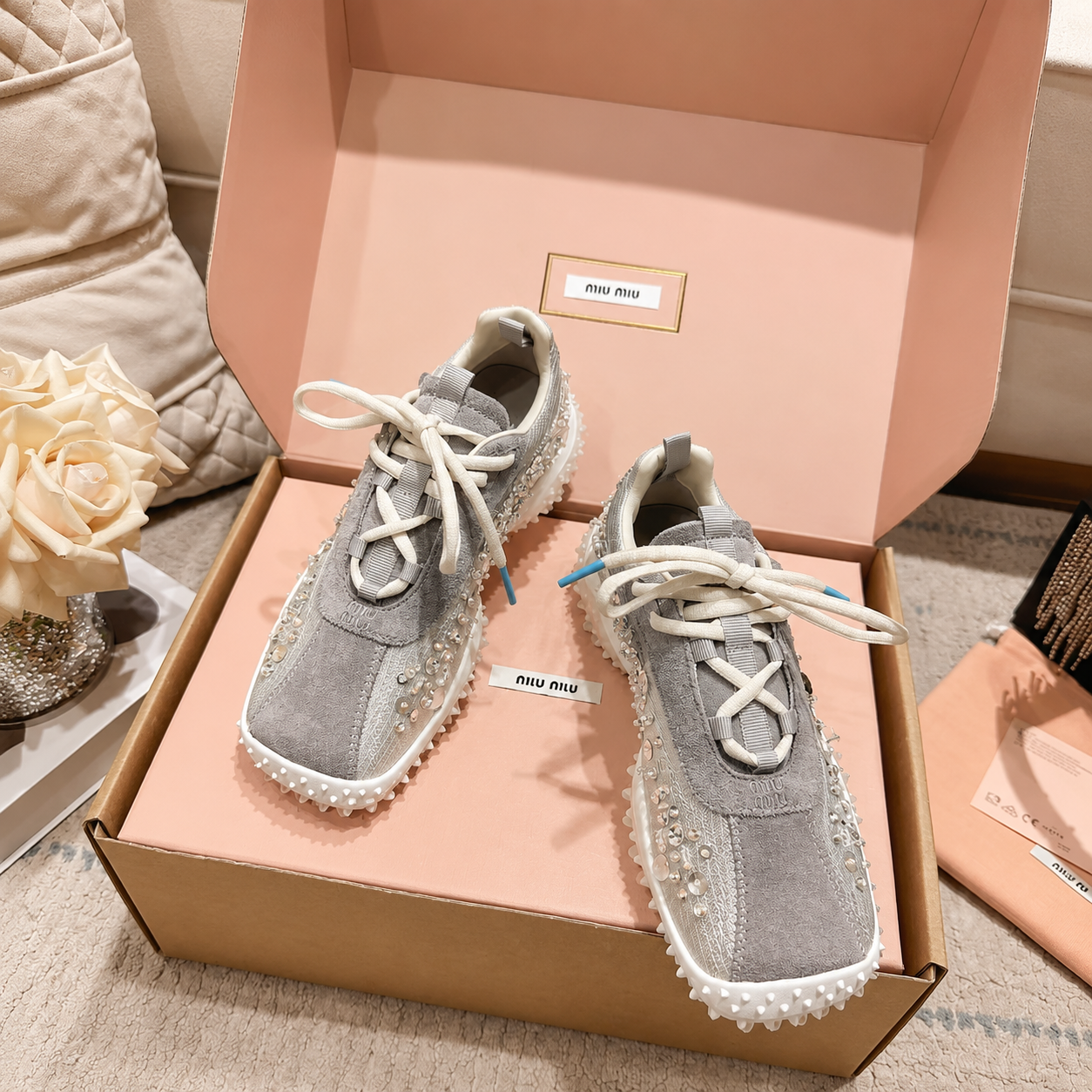 MiuMiu Rhinestone Low Top Sneakers Silver Gray SW-EV187