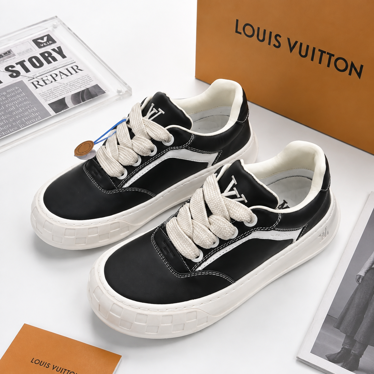 LV Thick Sole Leather Sneakers Black White SW-EV165
