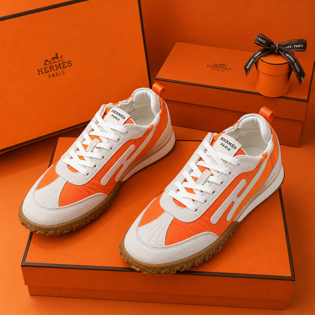Hermès Casual Sneakers Orange White Suede SW-EV250